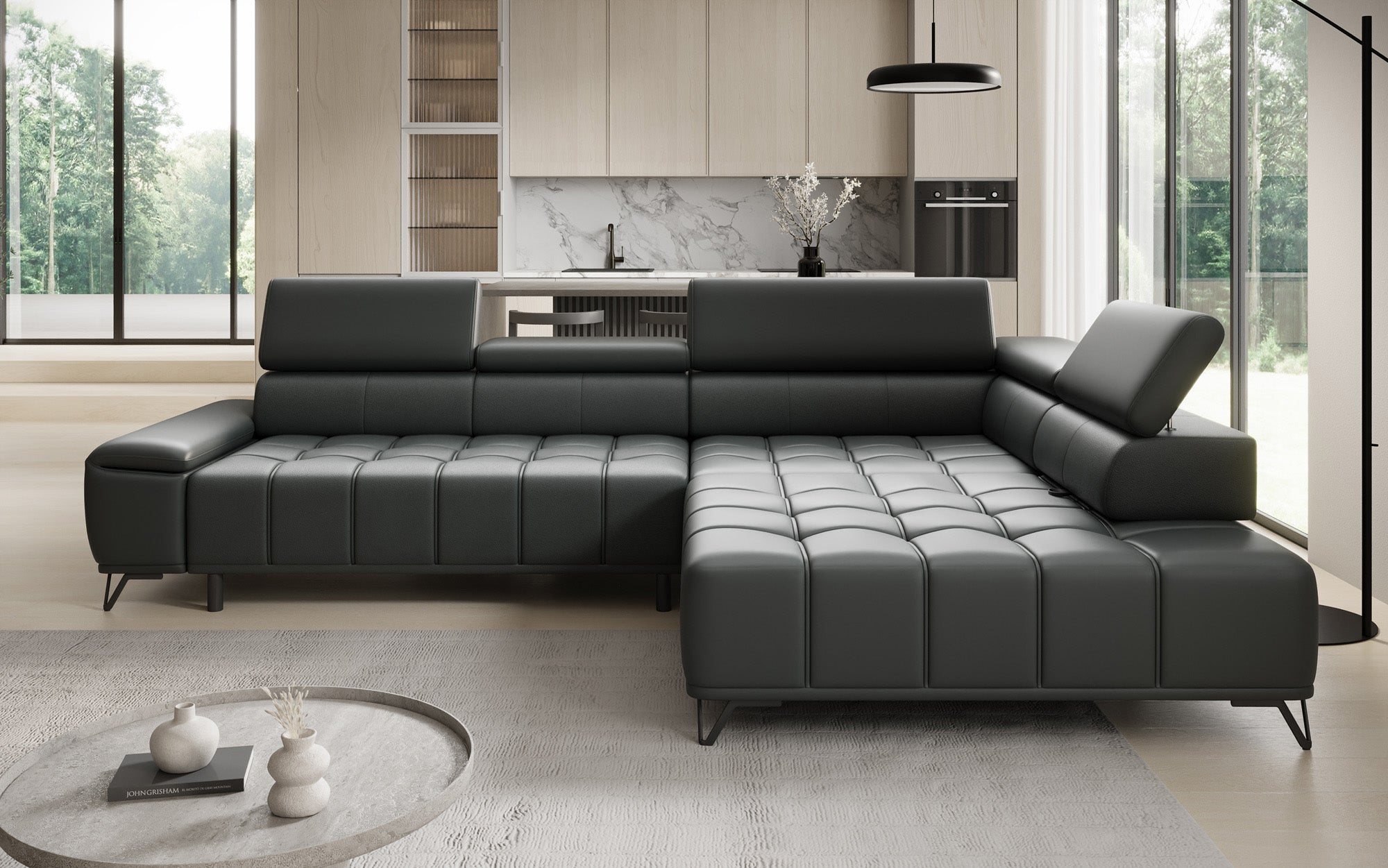 Canapé d'angle Designer Selora avec fonction lit électrique et dossier réglable en cuir véritable