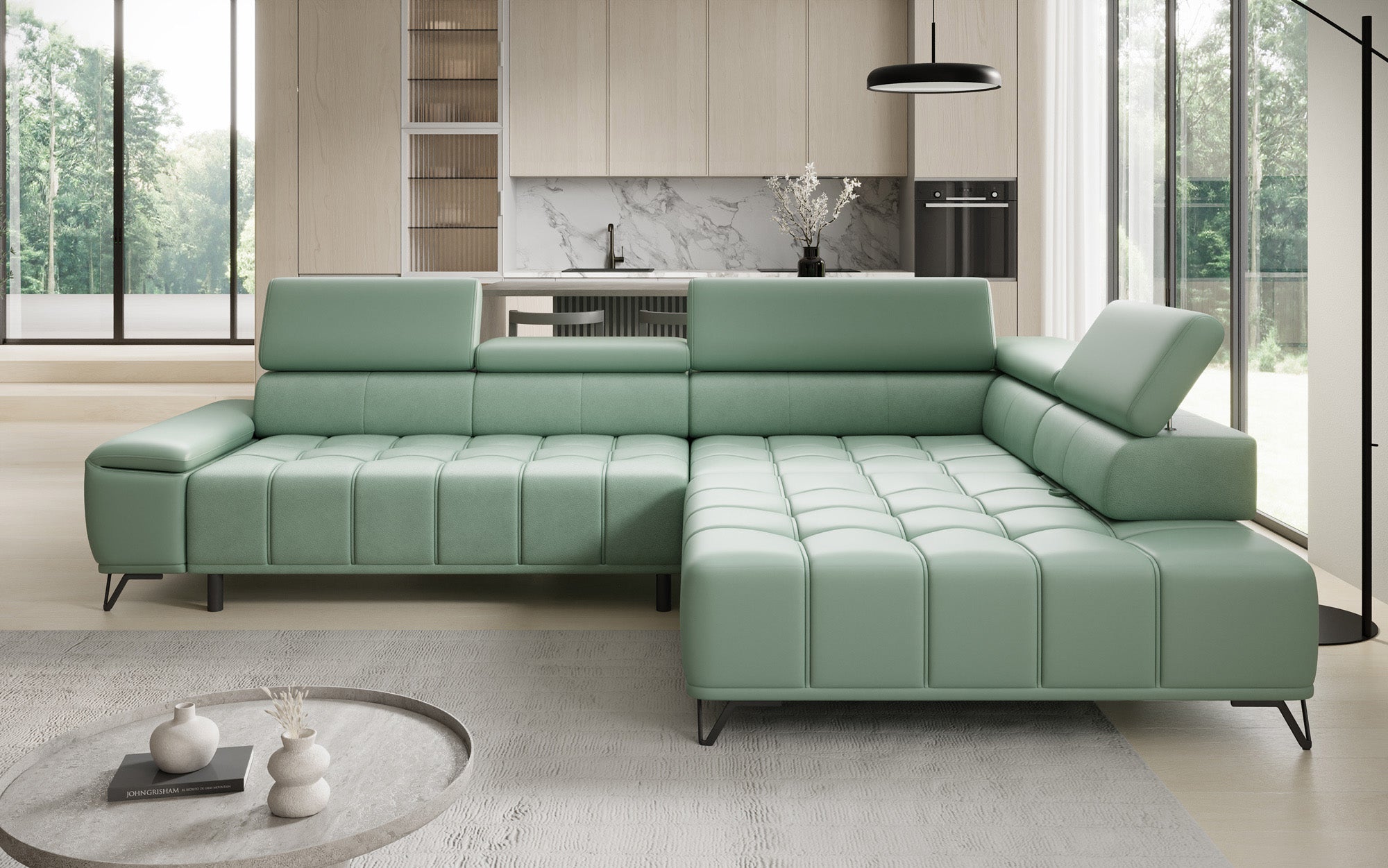 Canapé d'angle Designer Selora avec fonction lit électrique et dossier réglable en cuir véritable