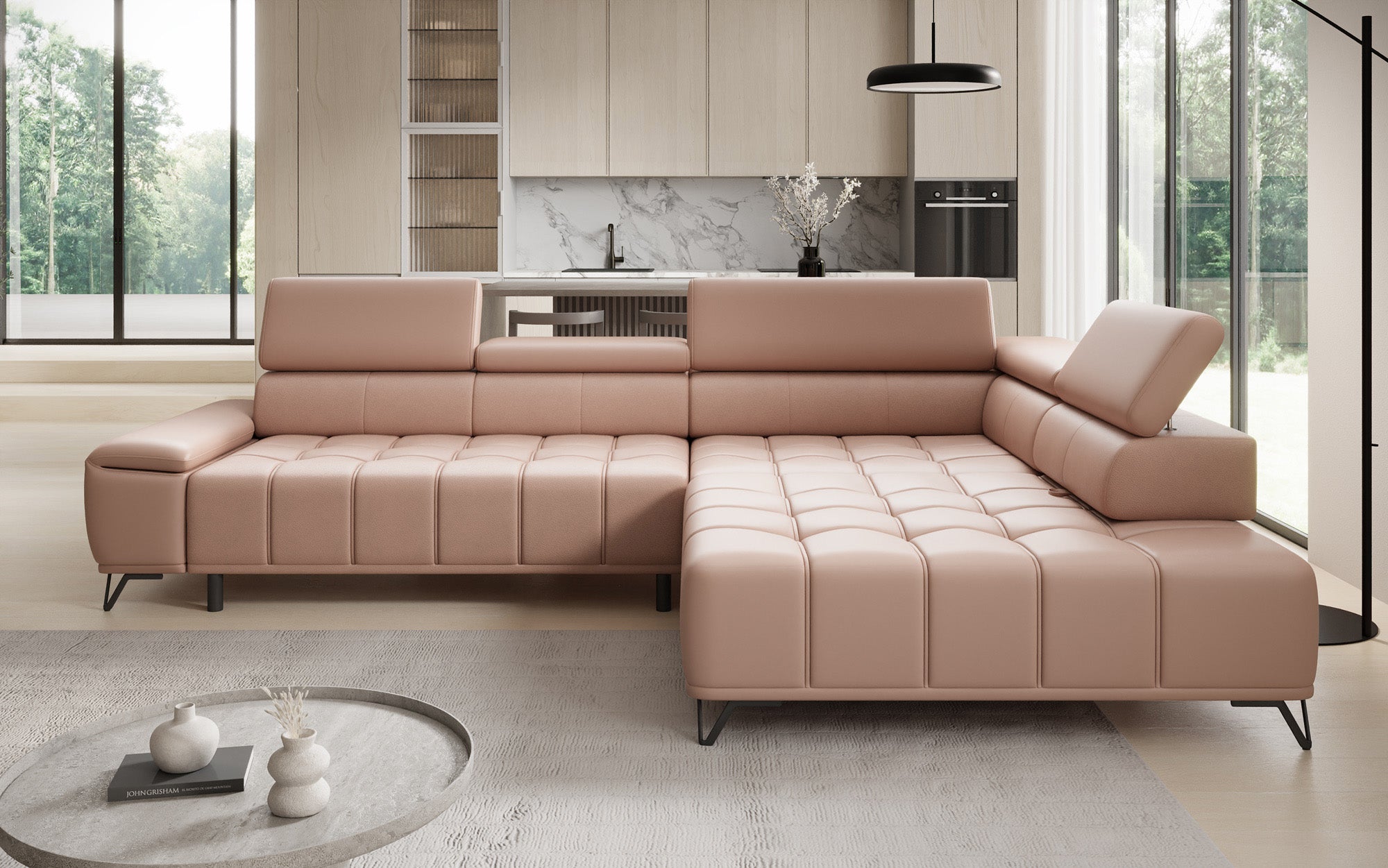 Canapé d'angle Designer Selora avec fonction lit électrique et dossier réglable en cuir véritable