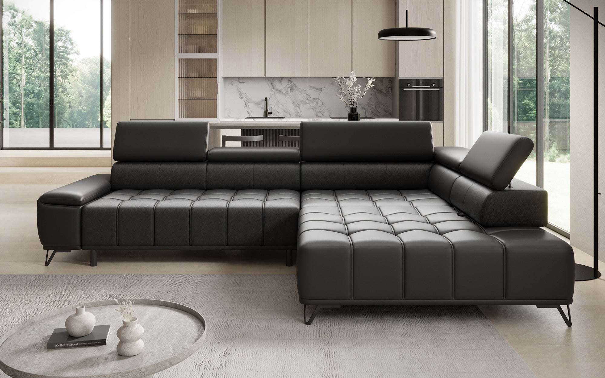 Canapé d'angle Designer Selora avec fonction lit électrique et dossier réglable en cuir véritable