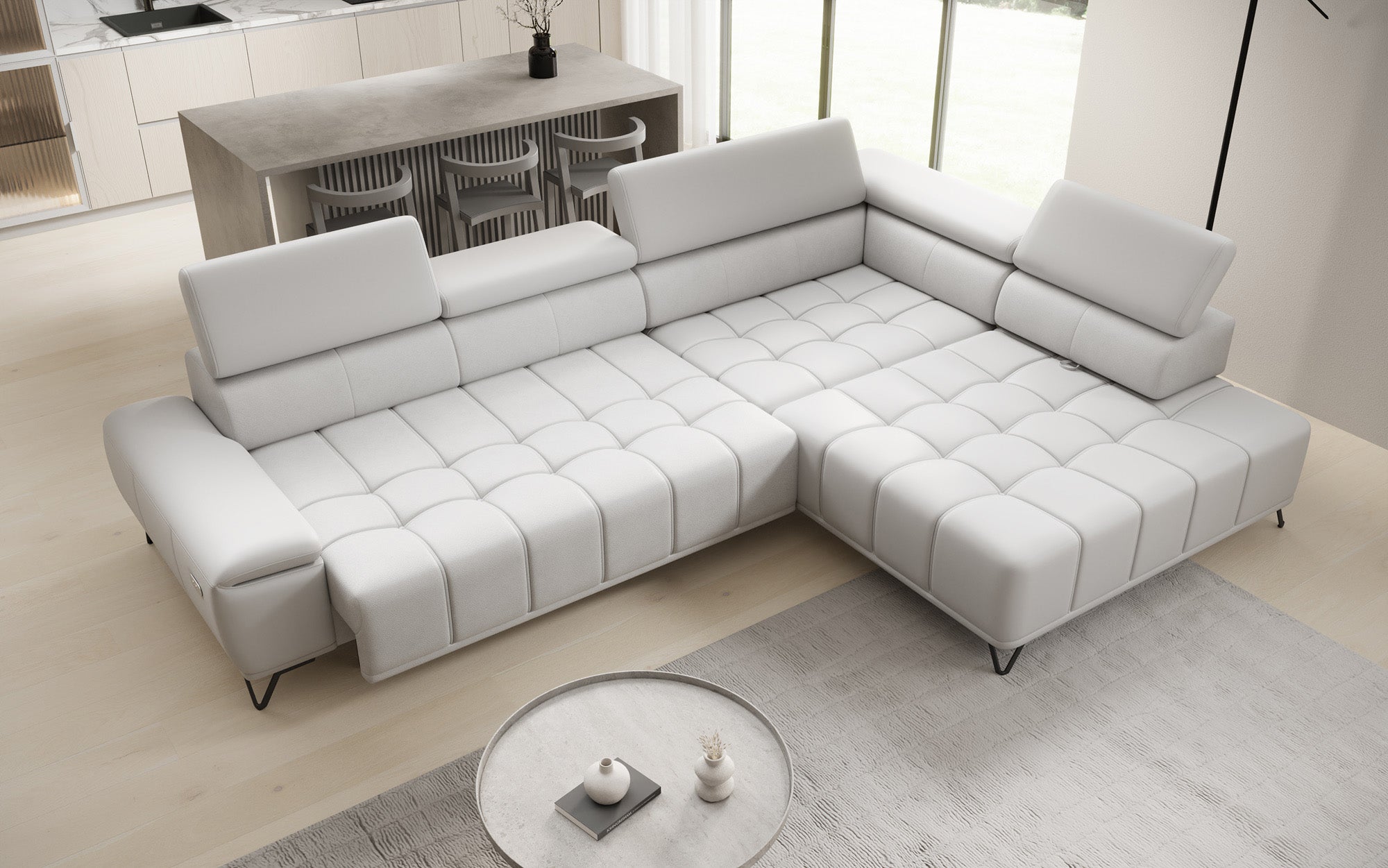 Canapé d'angle Designer Selora avec fonction lit électrique et dossier réglable en cuir véritable