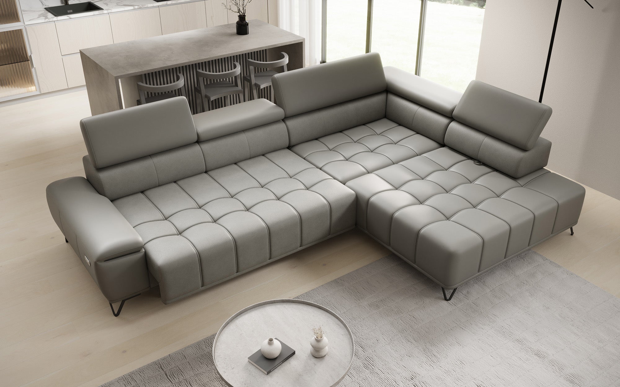 Canapé d'angle Designer Selora avec fonction lit électrique et dossier réglable en cuir véritable