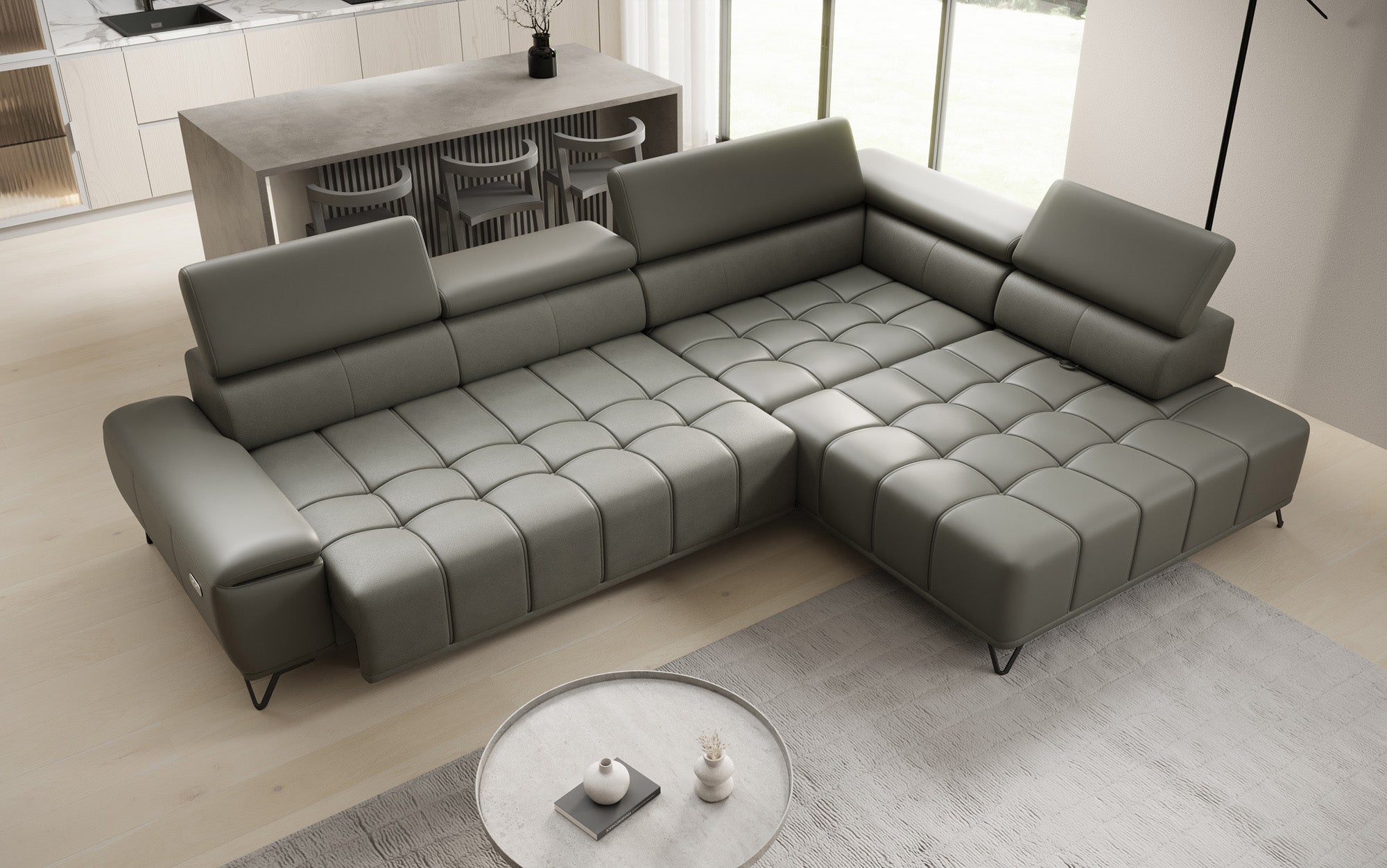 Canapé d'angle Designer Selora avec fonction lit électrique et dossier réglable en cuir véritable
