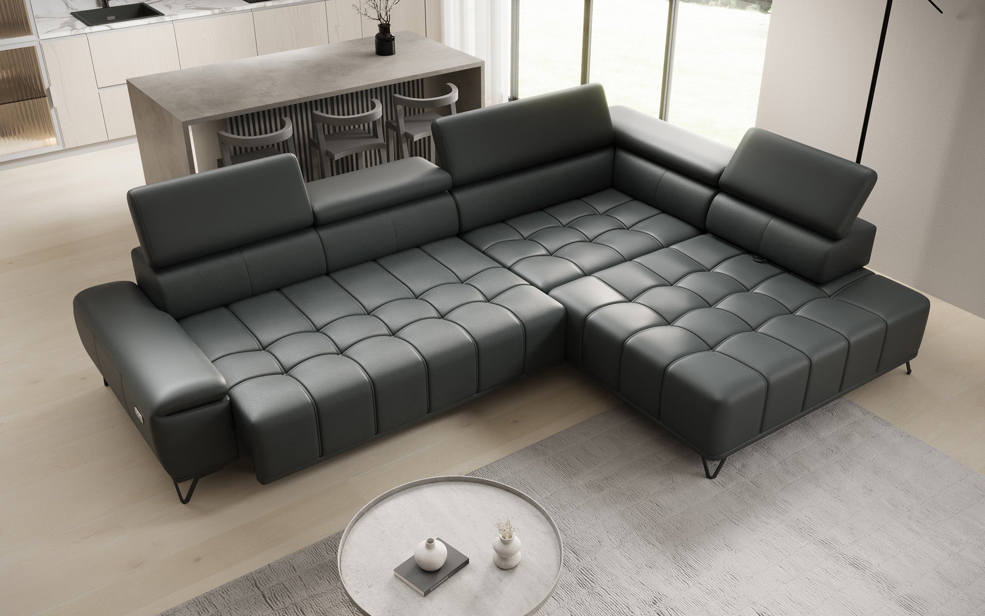 Canapé d'angle Designer Selora avec fonction lit électrique et dossier réglable en cuir véritable