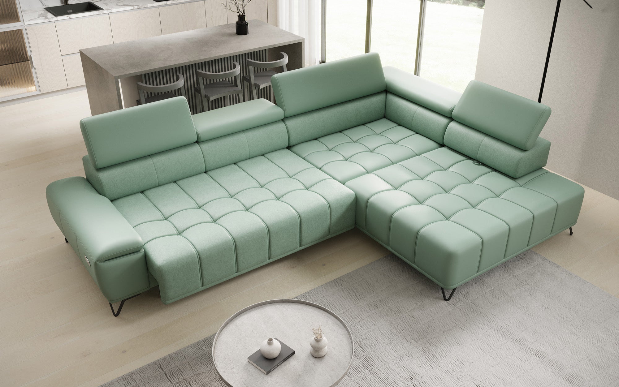 Canapé d'angle Designer Selora avec fonction lit électrique et dossier réglable en cuir véritable