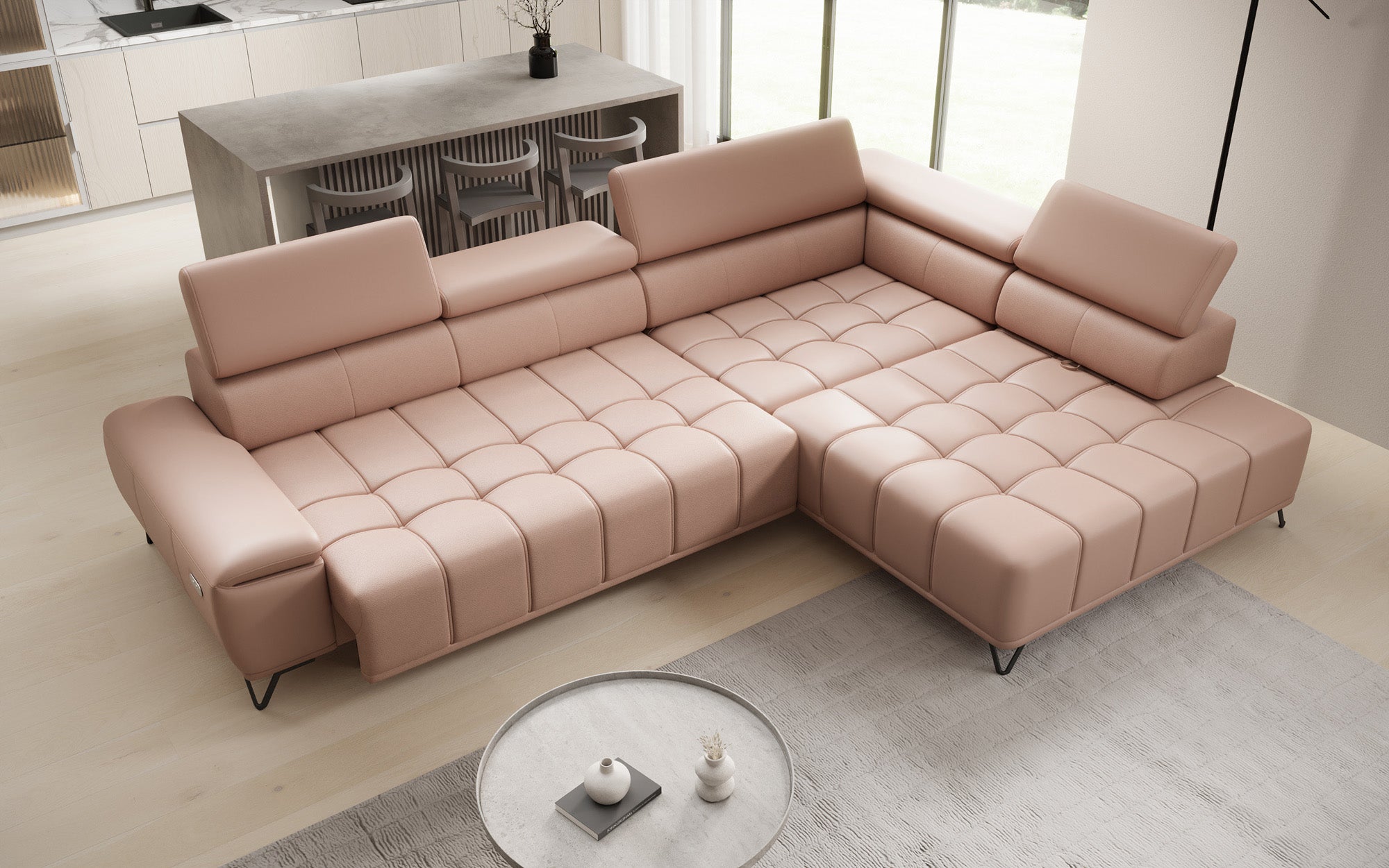 Canapé d'angle Designer Selora avec fonction lit électrique et dossier réglable en cuir véritable