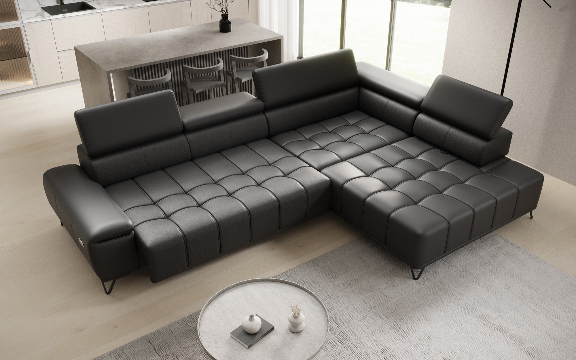 Canapé d'angle Designer Selora avec fonction lit électrique et dossier réglable en cuir véritable