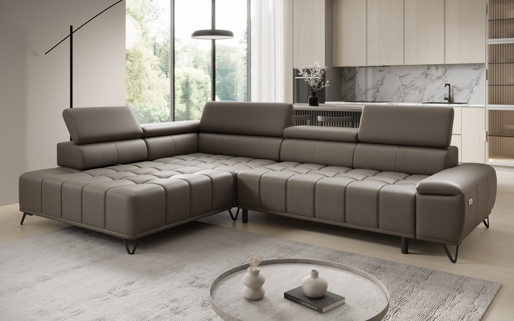Canapé d'angle Designer Selora avec fonction lit électrique et dossier réglable en cuir véritable