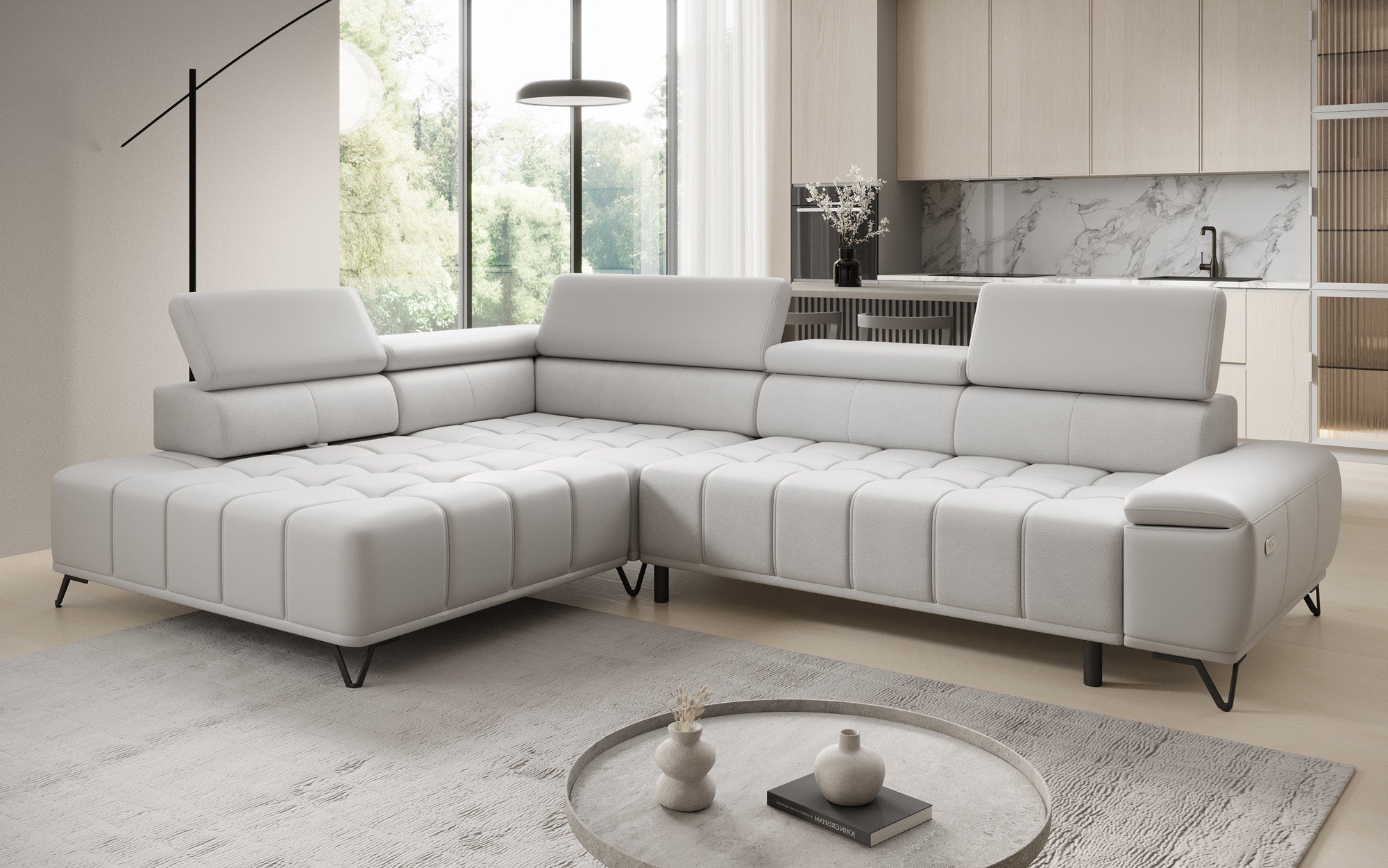 Canapé d'angle Designer Selora avec fonction lit électrique et dossier réglable en cuir véritable