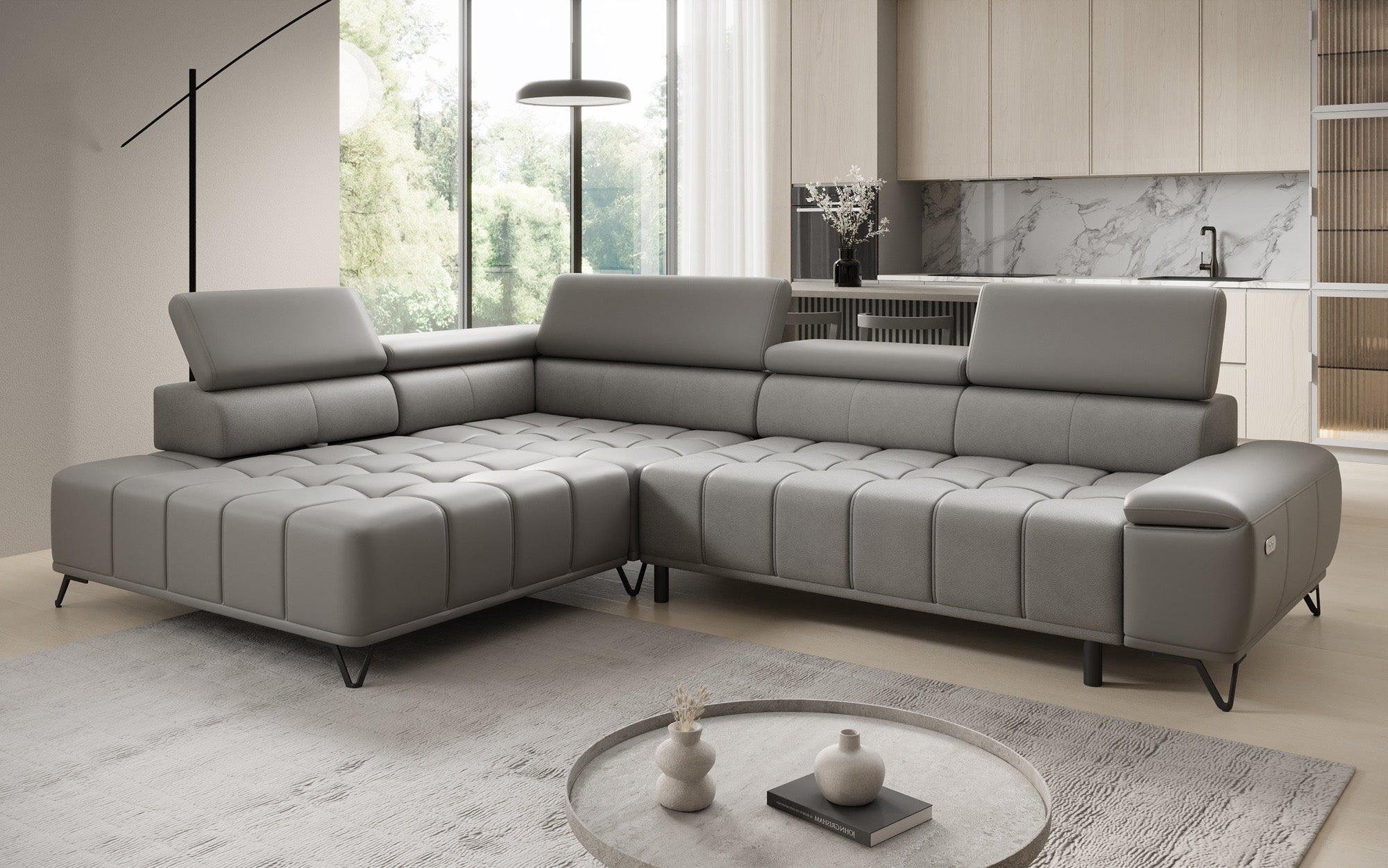 Canapé d'angle Designer Selora avec fonction lit électrique et dossier réglable en cuir véritable