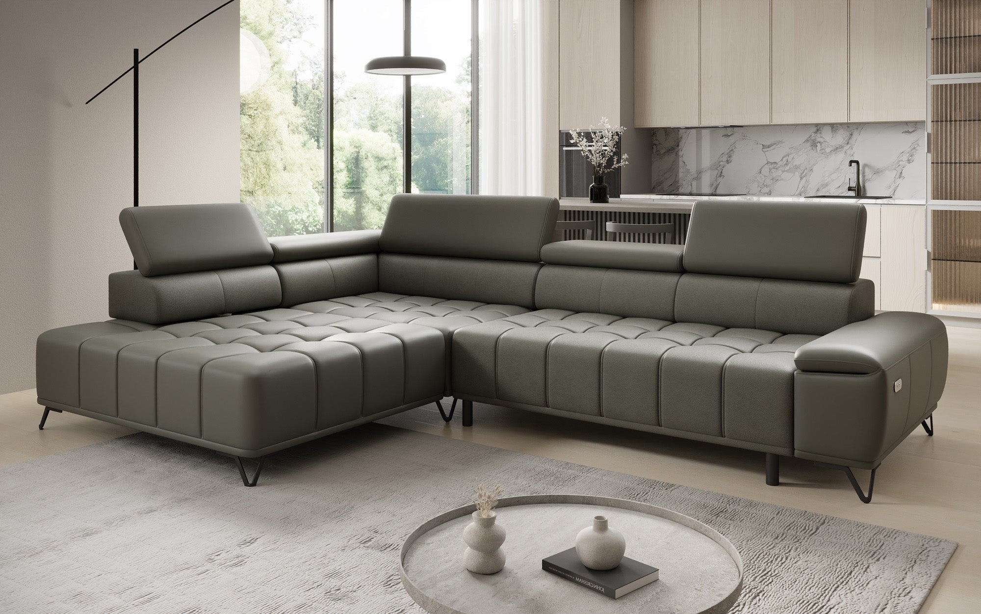 Canapé d'angle Designer Selora avec fonction lit électrique et dossier réglable en cuir véritable