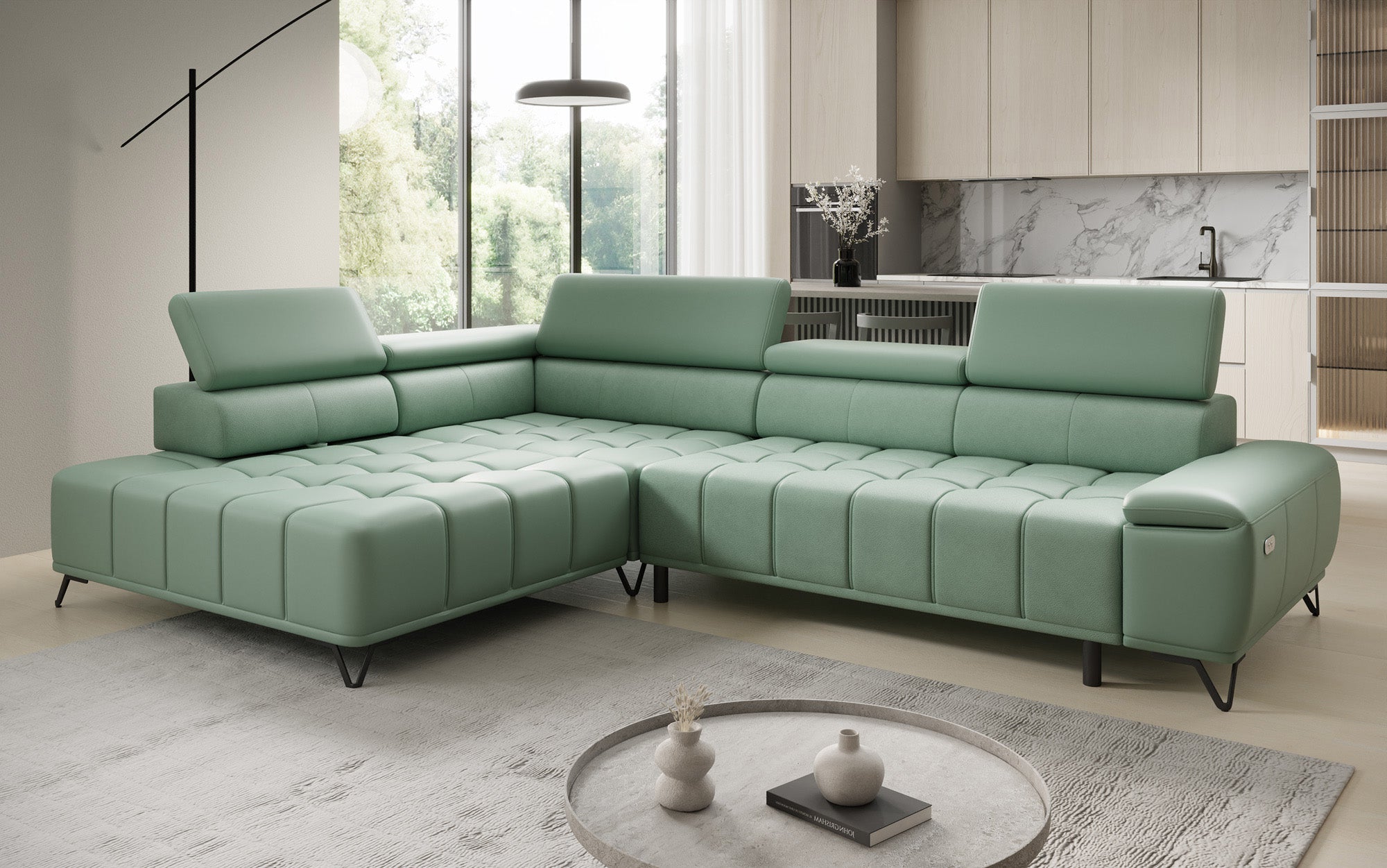 Canapé d'angle Designer Selora avec fonction lit électrique et dossier réglable en cuir véritable