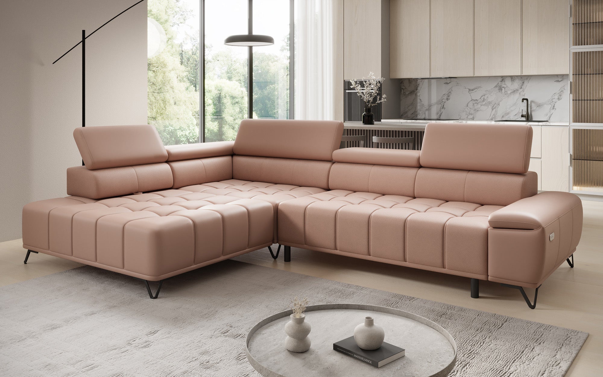 Canapé d'angle Designer Selora avec fonction lit électrique et dossier réglable en cuir véritable