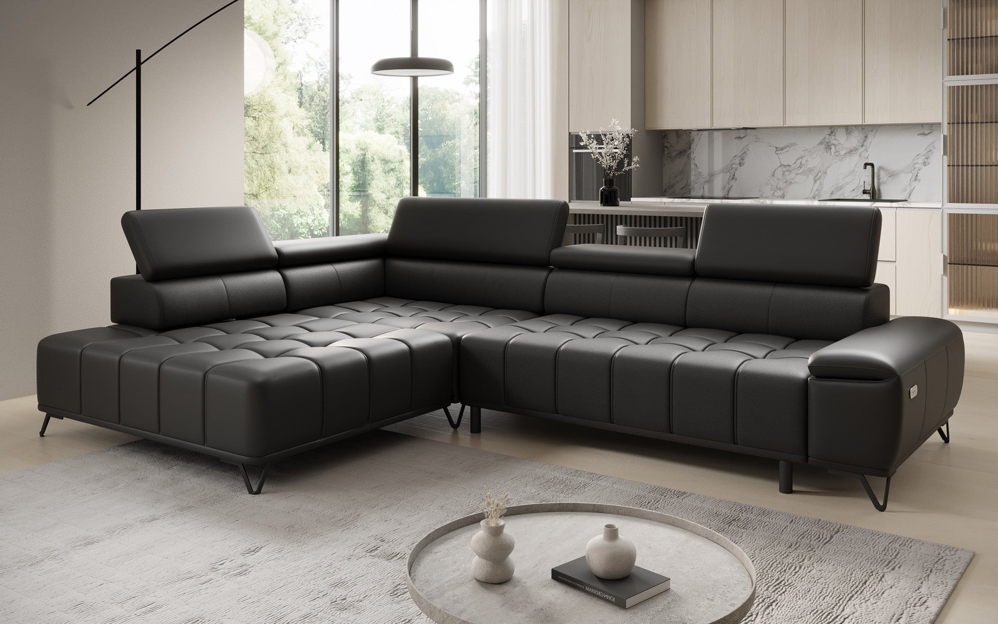Canapé d'angle Designer Selora avec fonction lit électrique et dossier réglable en cuir véritable