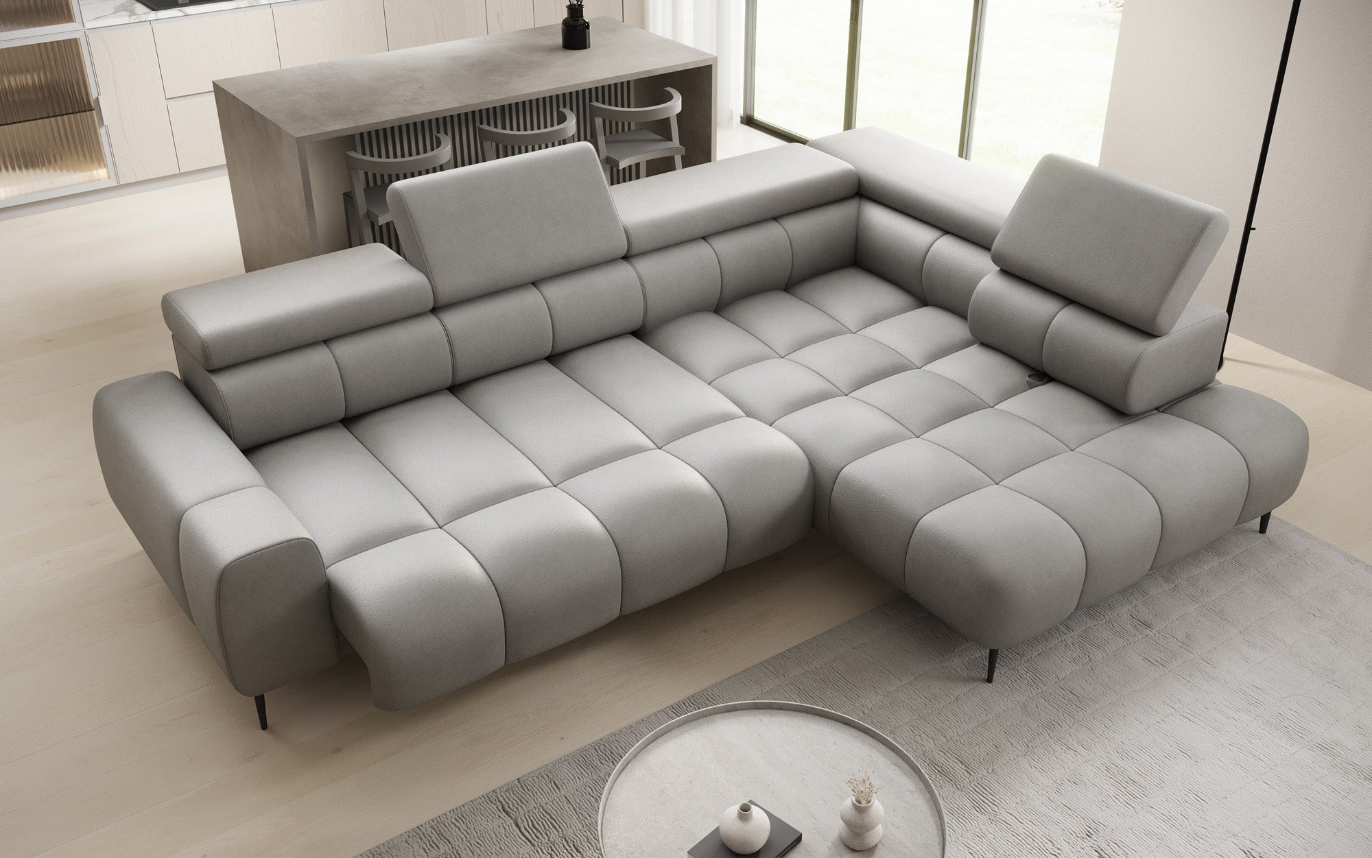 Canapé design Ceora L avec fonction de couchage électrique et dossier réglable en cuir véritable