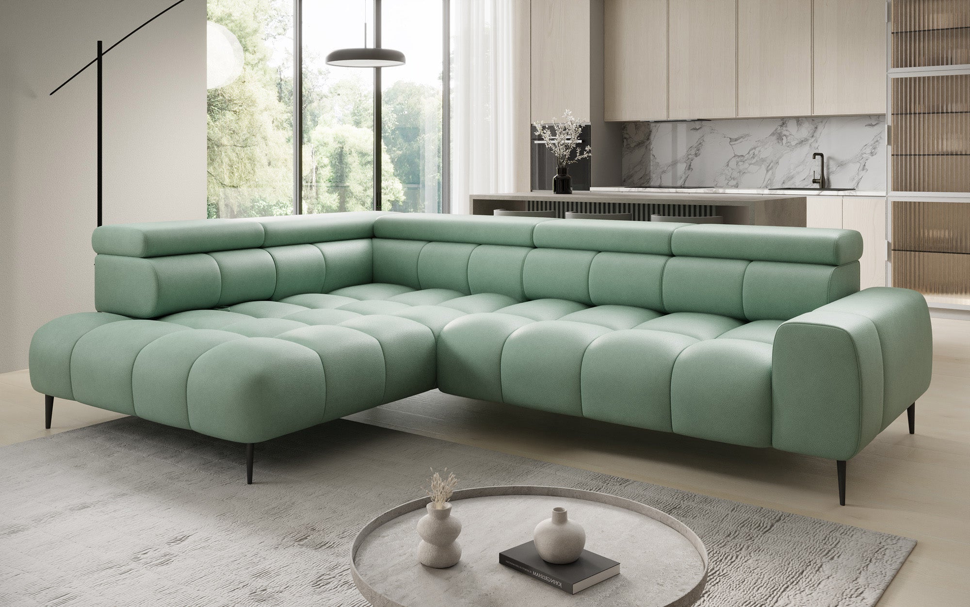 Canapé design Ceora L avec fonction de couchage électrique et dossier réglable en cuir véritable