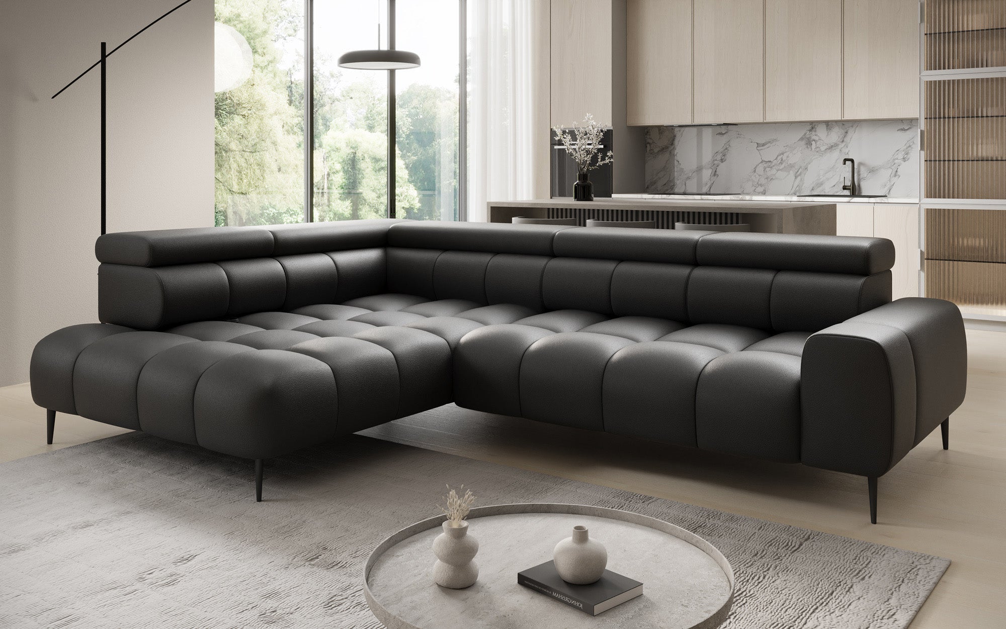 Canapé design Ceora L avec fonction de couchage électrique et dossier réglable en cuir véritable