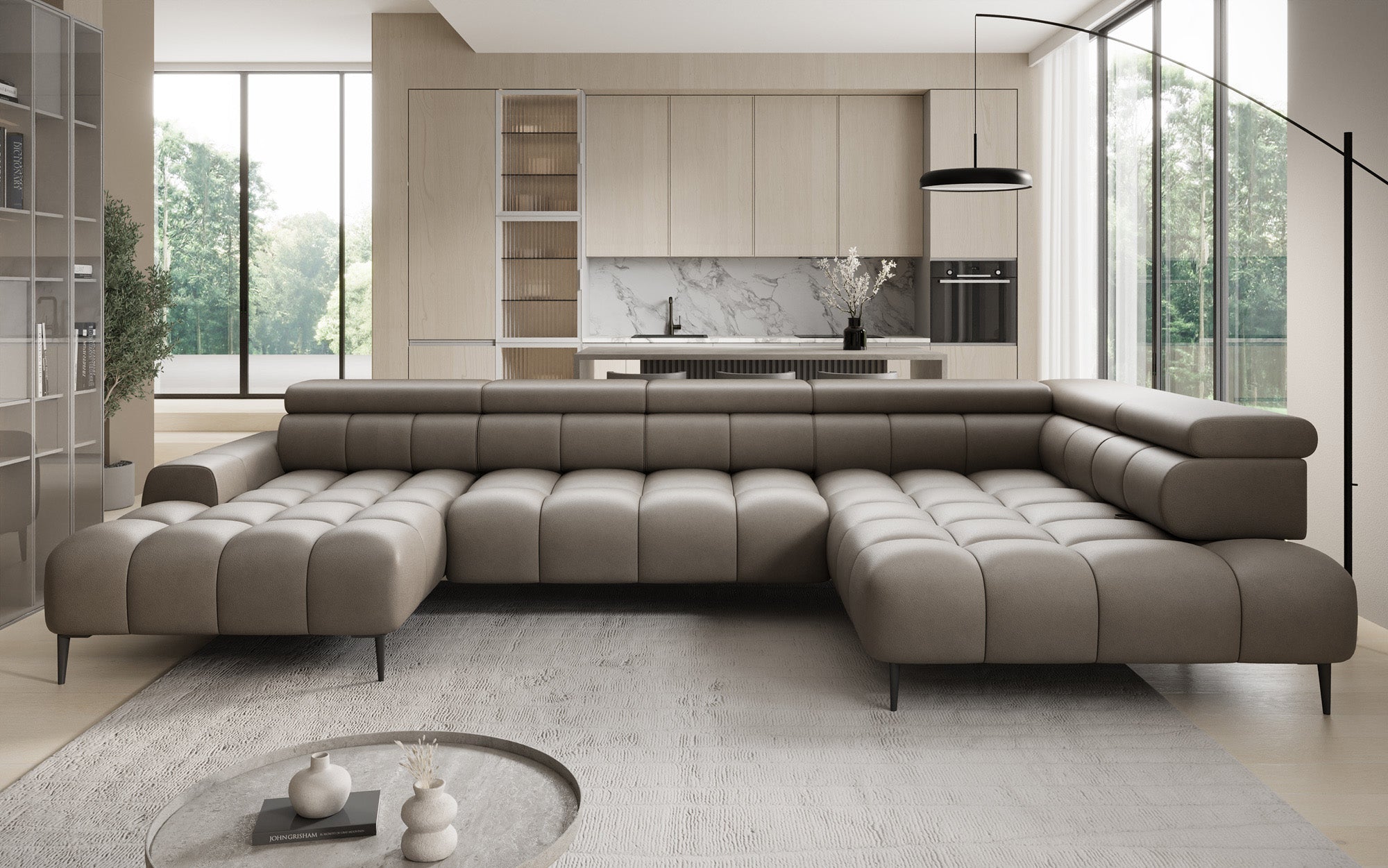 Canapé design Ceora U avec fonction de couchage électrique et dossier réglable en cuir véritable