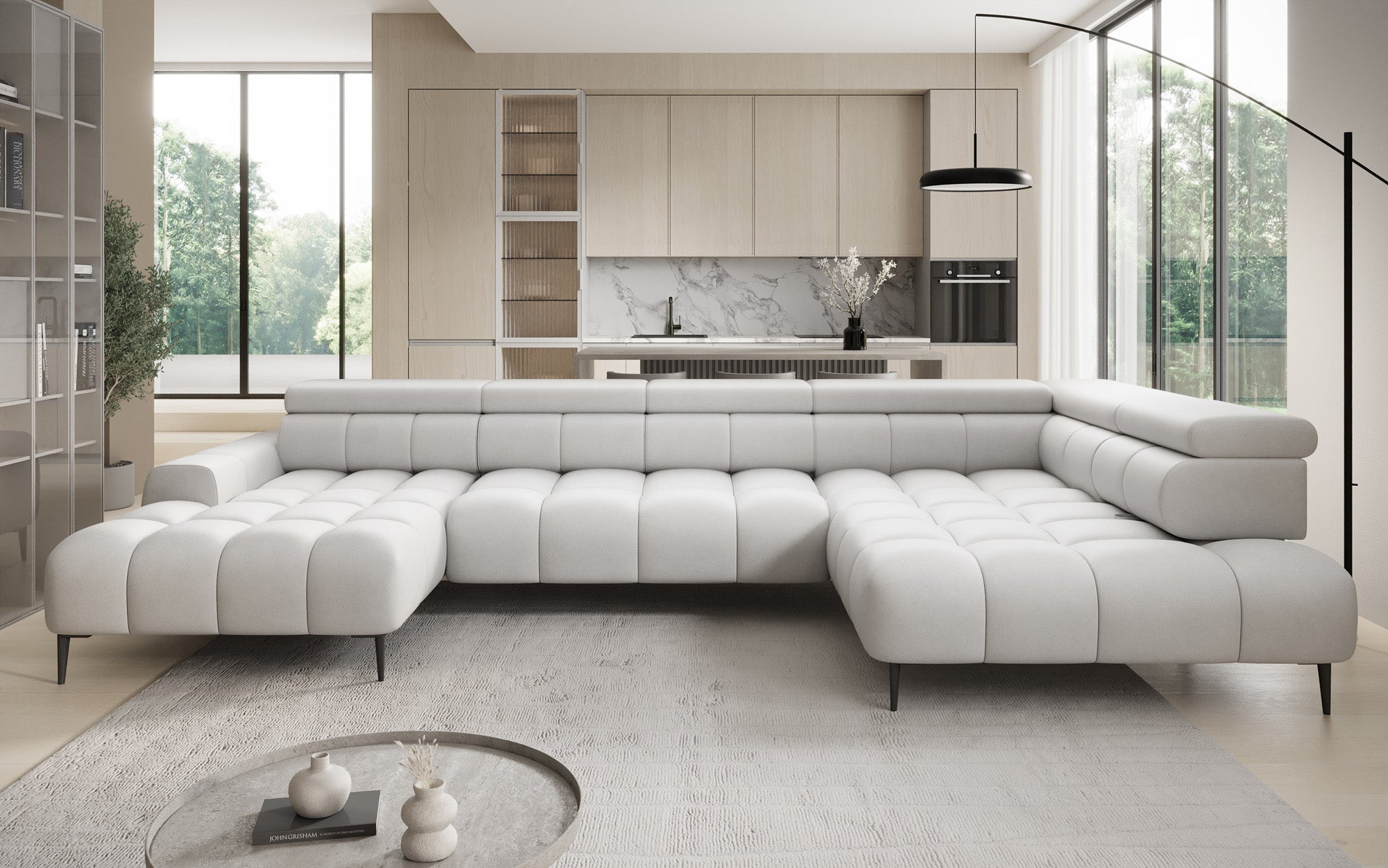 Canapé design Ceora U avec fonction de couchage électrique et dossier réglable en cuir véritable