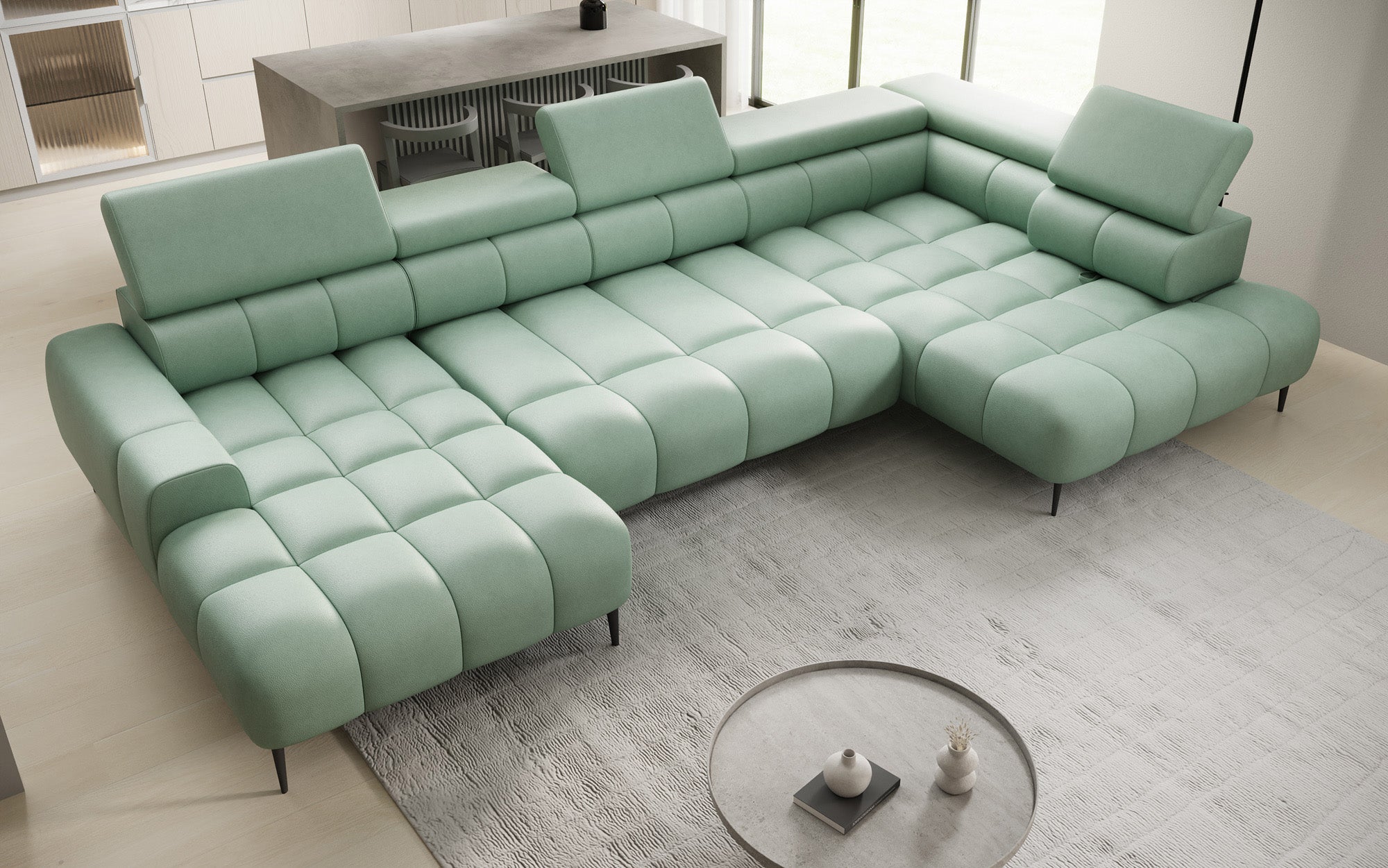 Canapé design Ceora U avec fonction de couchage électrique et dossier réglable en cuir véritable