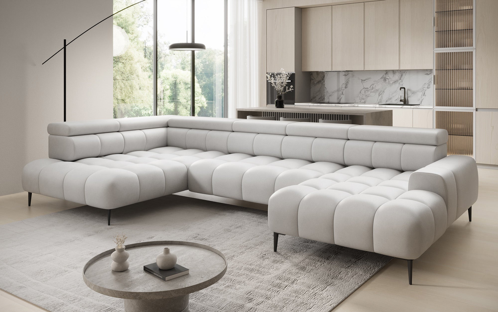 Canapé design Ceora U avec fonction de couchage électrique et dossier réglable en cuir véritable
