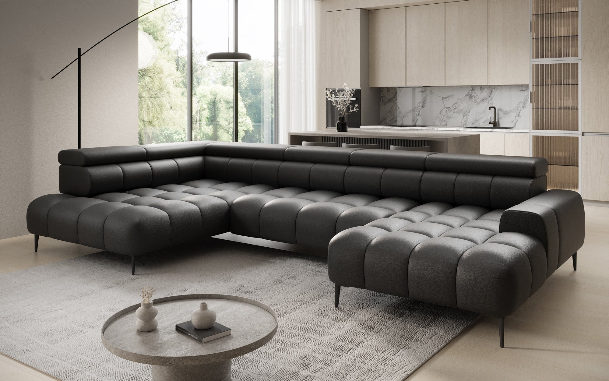 Canapé design Ceora U avec fonction de couchage électrique et dossier réglable en cuir véritable