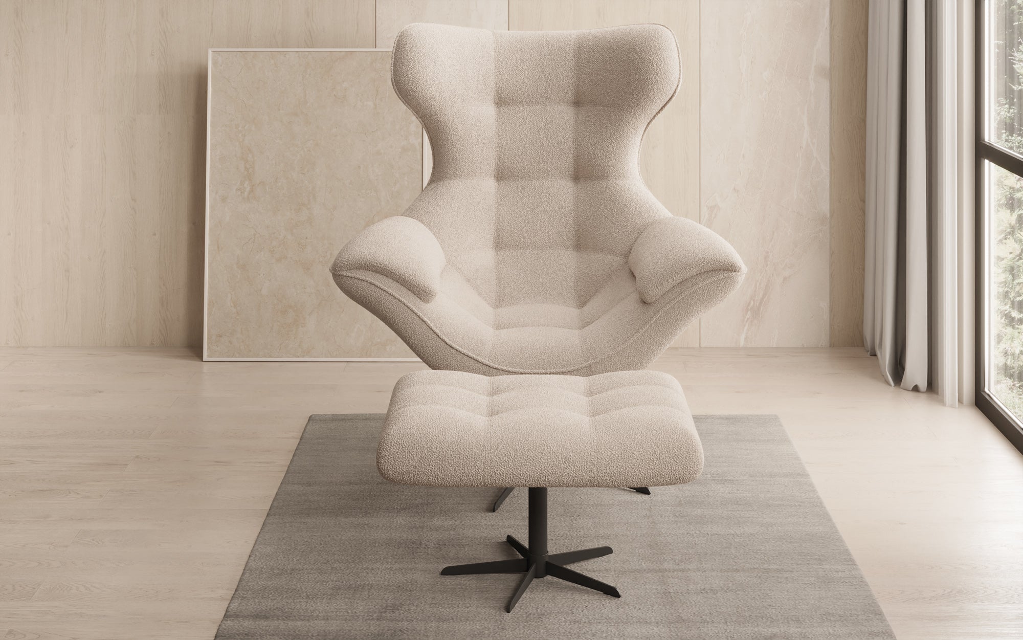 Designer Sofa-Sessel Aurelio inkl. Beistellhocker in Bouclé