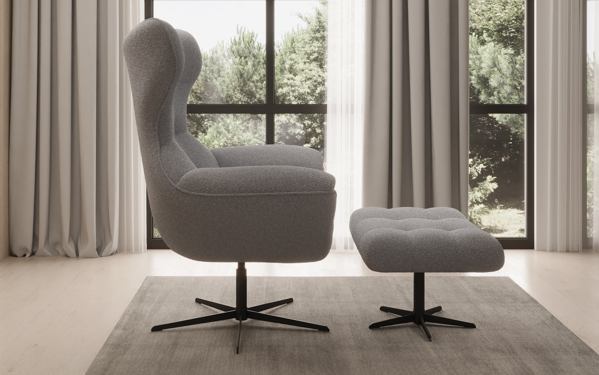 Designer Sofa-Sessel Aurelio inkl. Beistellhocker in Bouclé