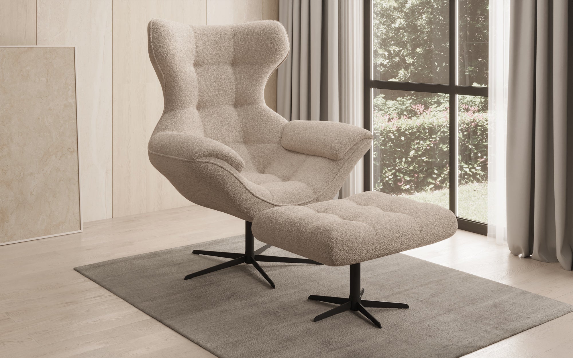 Designer Sofa-Sessel Aurelio inkl. Beistellhocker in Bouclé