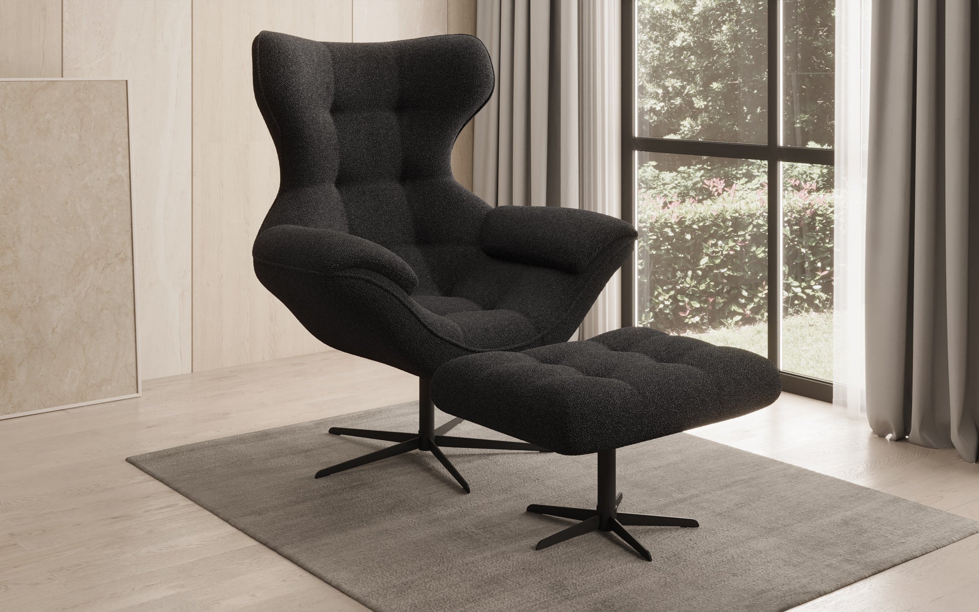 Designer Sofa-Sessel Aurelio inkl. Beistellhocker in Bouclé