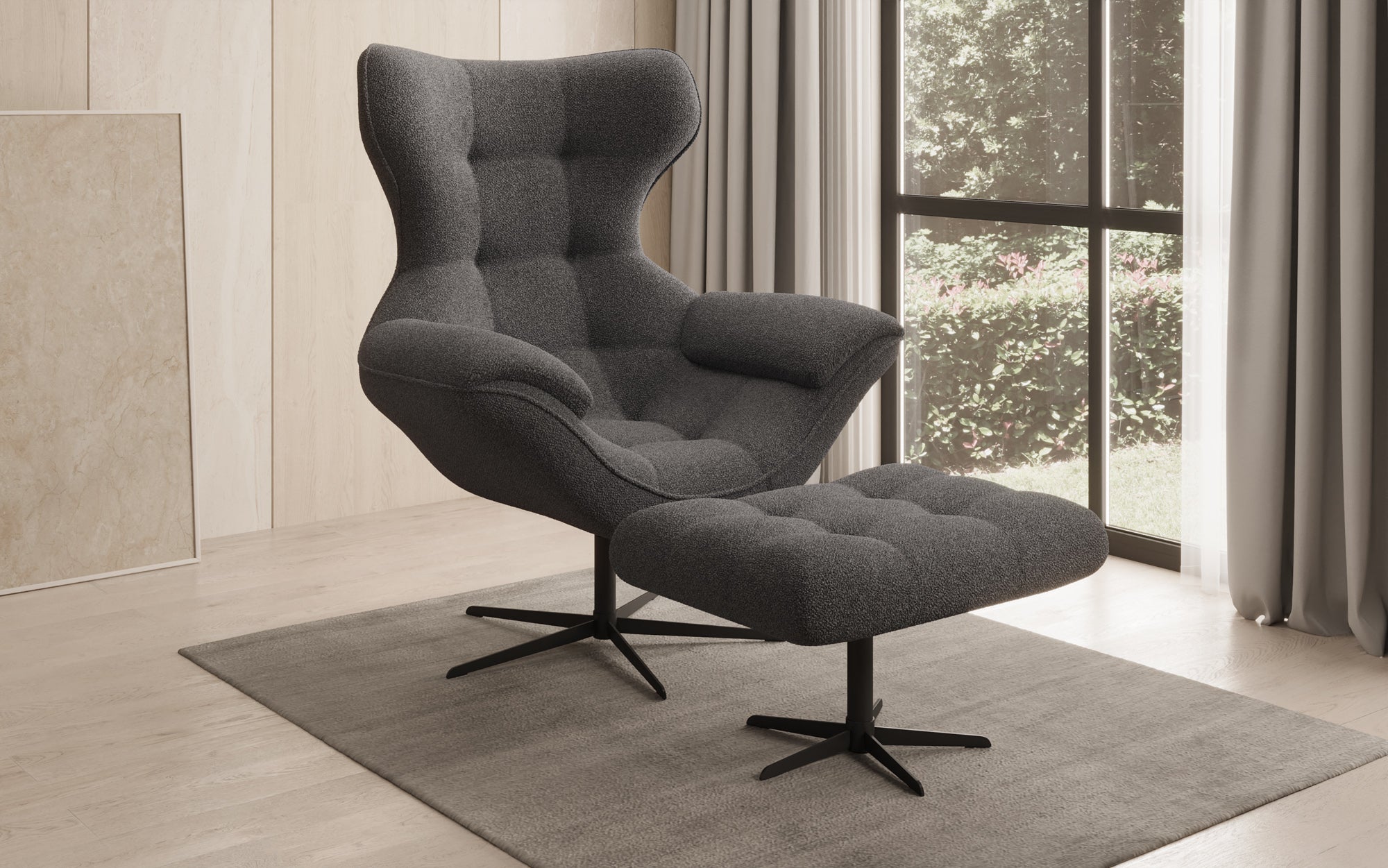 Designer Sofa-Sessel Aurelio inkl. Beistellhocker in Bouclé