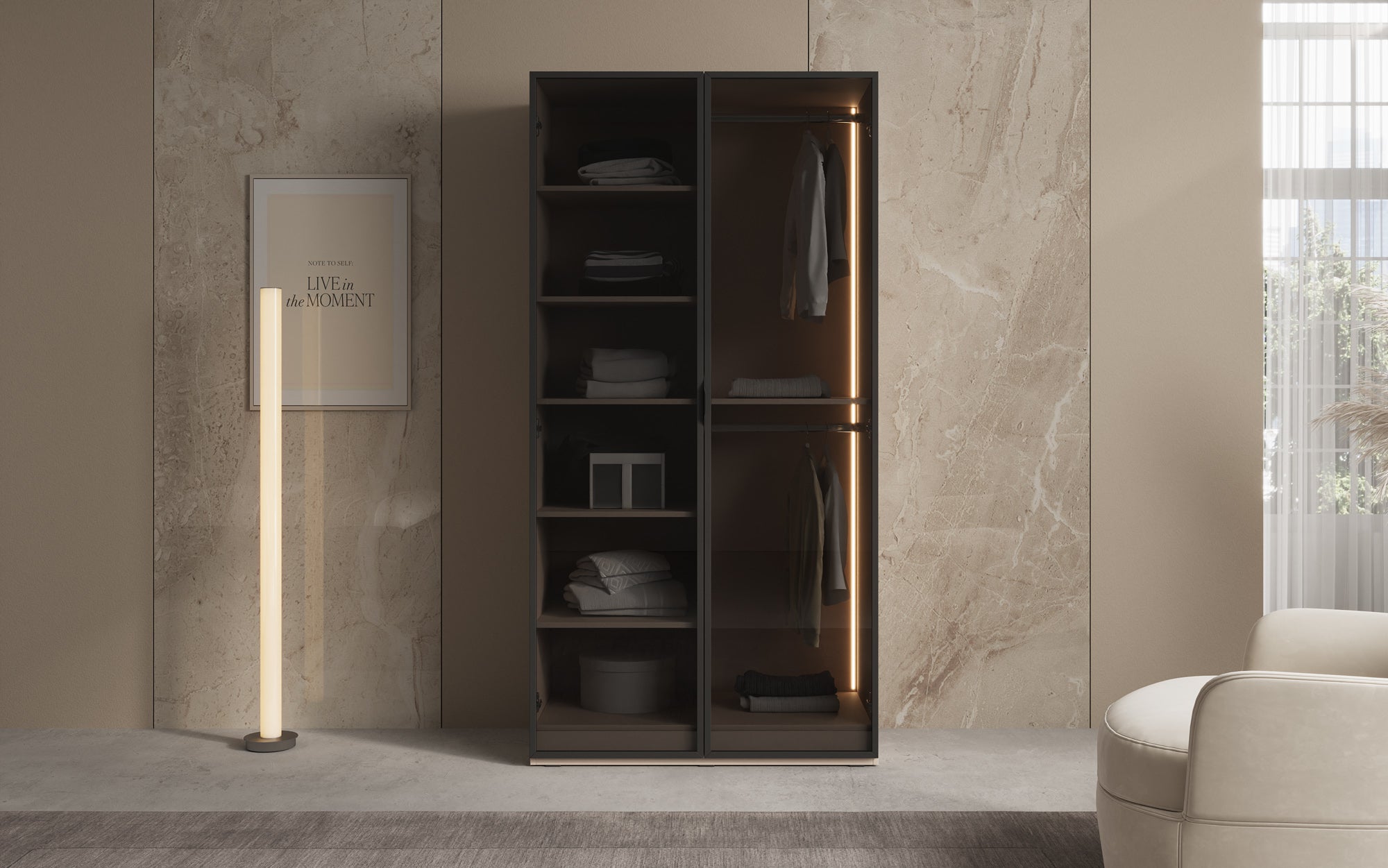 Modulo Luno – Armoire design avec façade en verre et éclairage intérieur LED