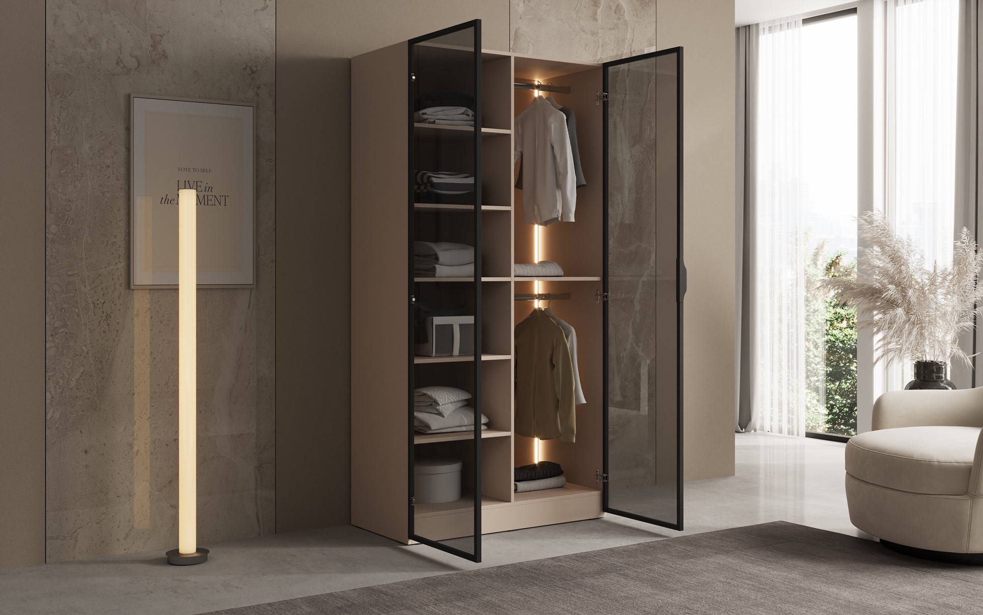 Modulo Luno – Armoire design avec façade en verre et éclairage intérieur LED