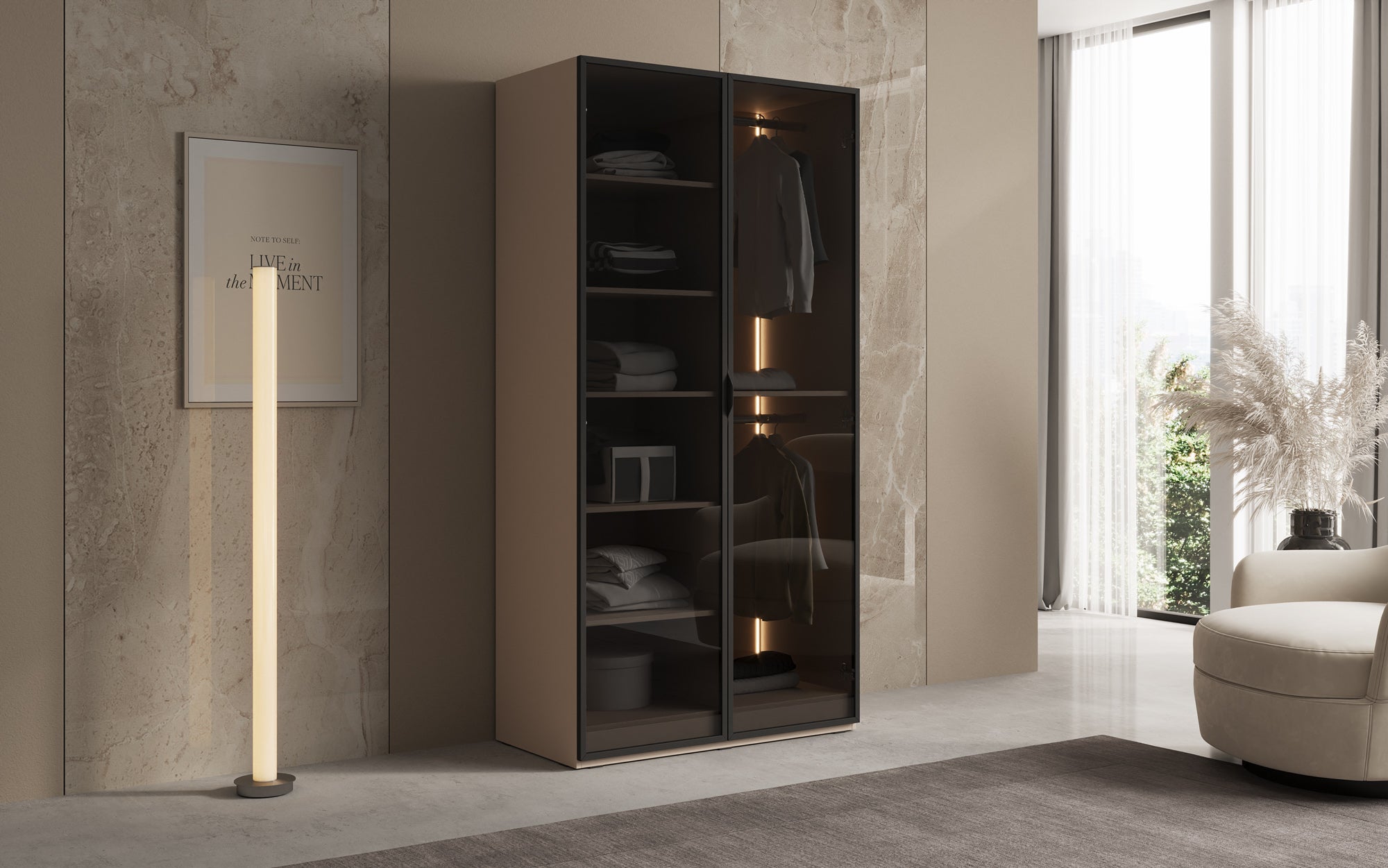 Modulo Luno – Armoire design avec façade en verre et éclairage intérieur LED