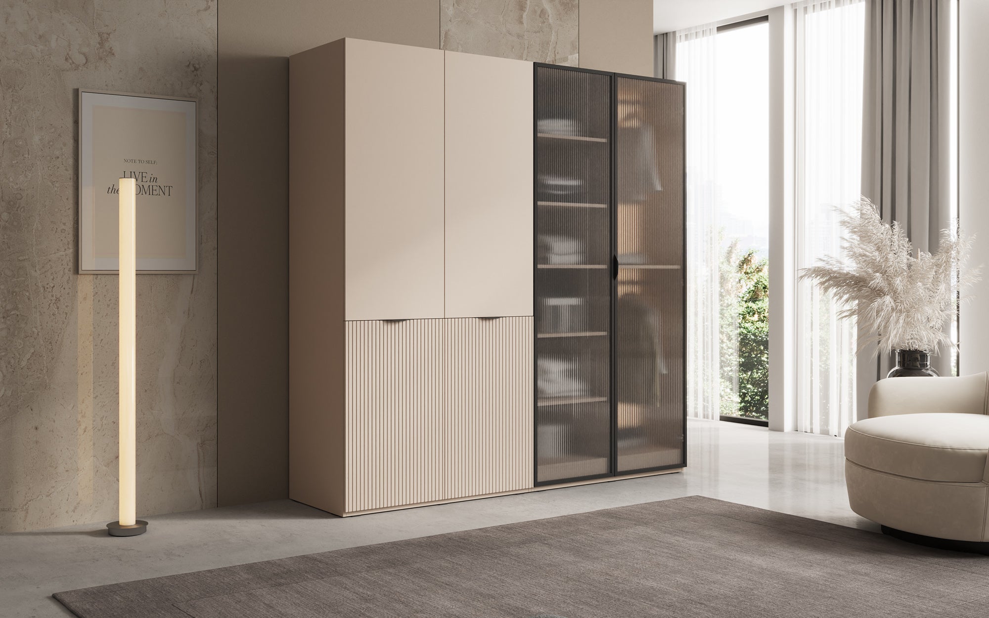 Modulo Ravo – Armoire modulaire avec façade en verre cannelé et panneau structuré