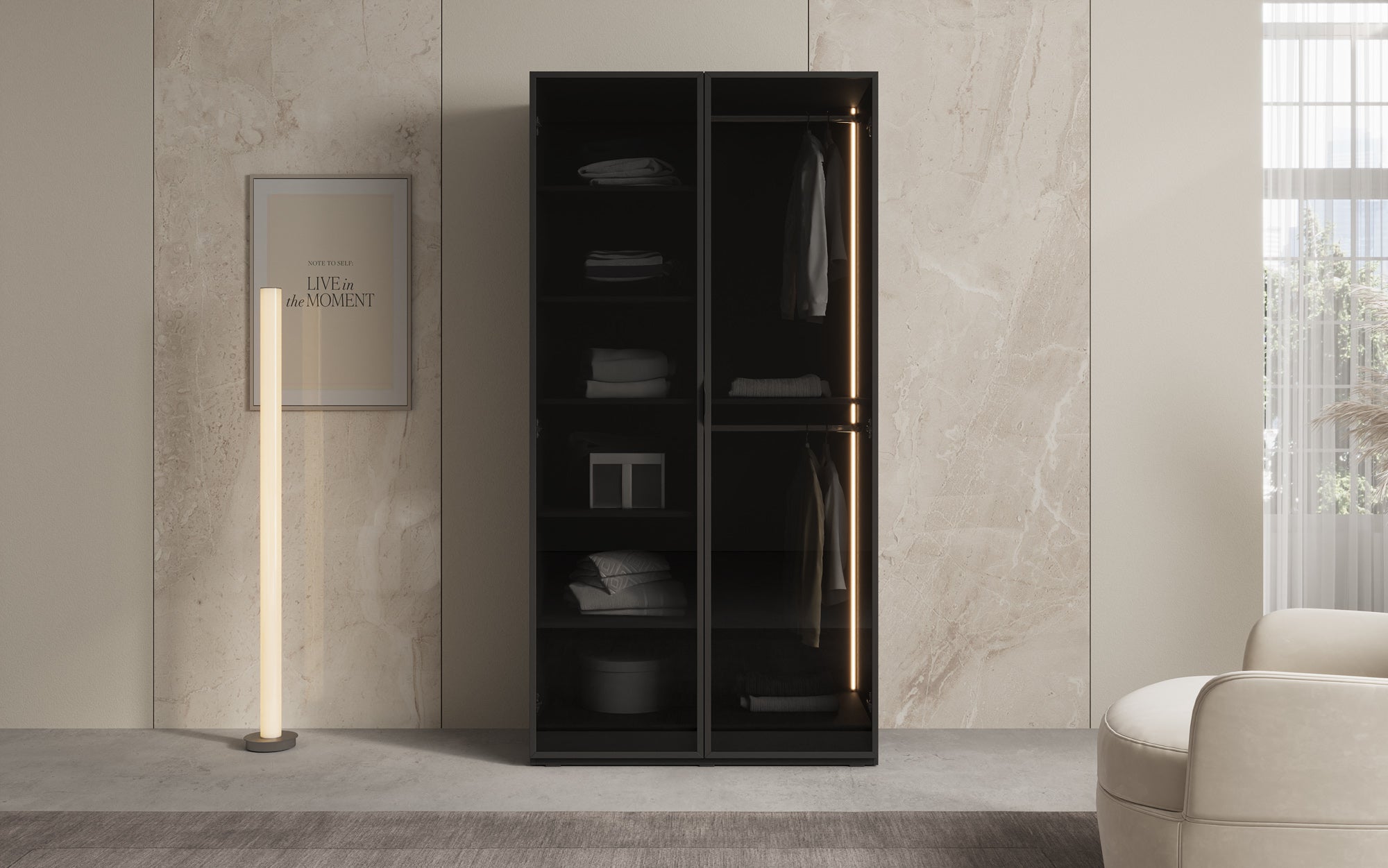 Modulo Luno – Armoire design avec façade en verre et éclairage intérieur LED