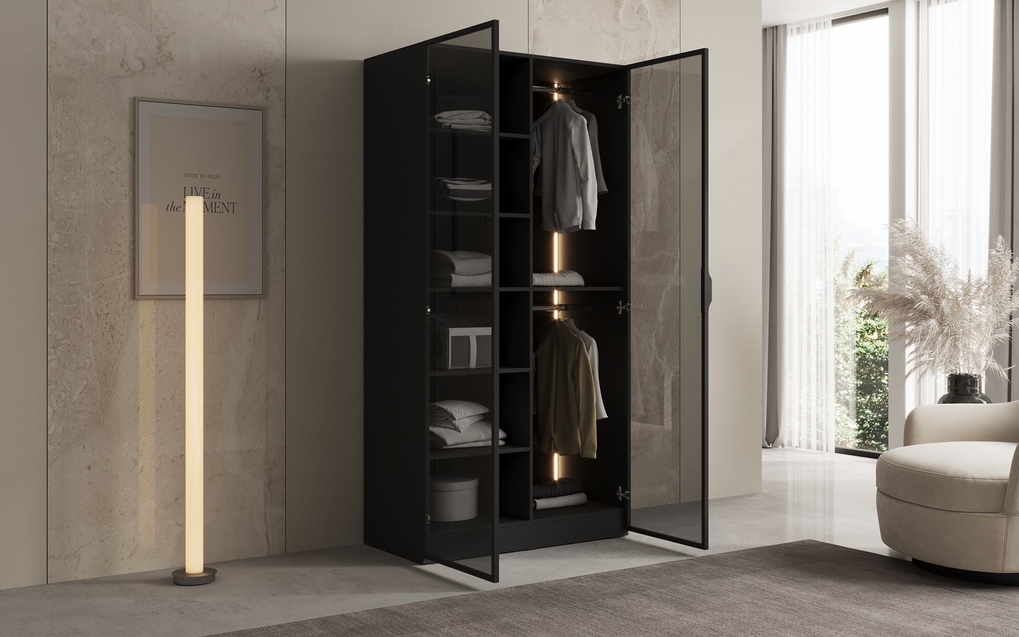Modulo Luno – Armoire design avec façade en verre et éclairage intérieur LED
