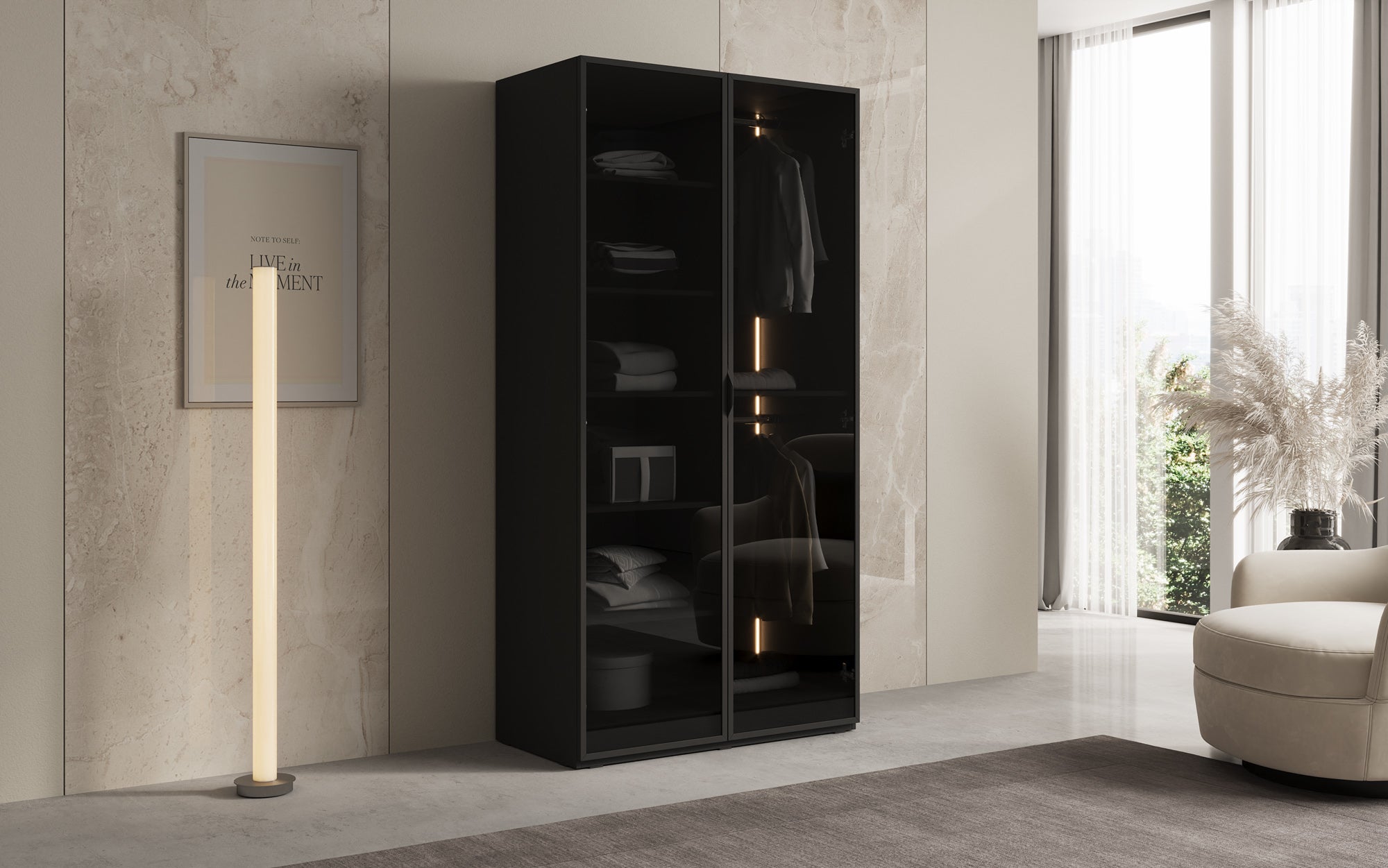 Modulo Luno – Armoire design avec façade en verre et éclairage intérieur LED