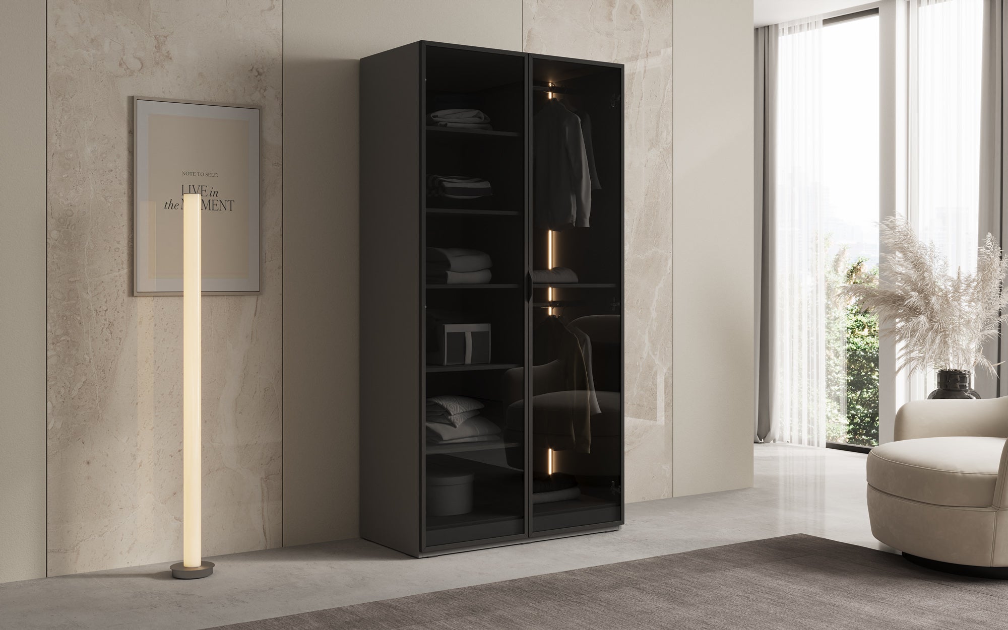 Modulo Luno – Armoire design avec façade en verre et éclairage intérieur LED