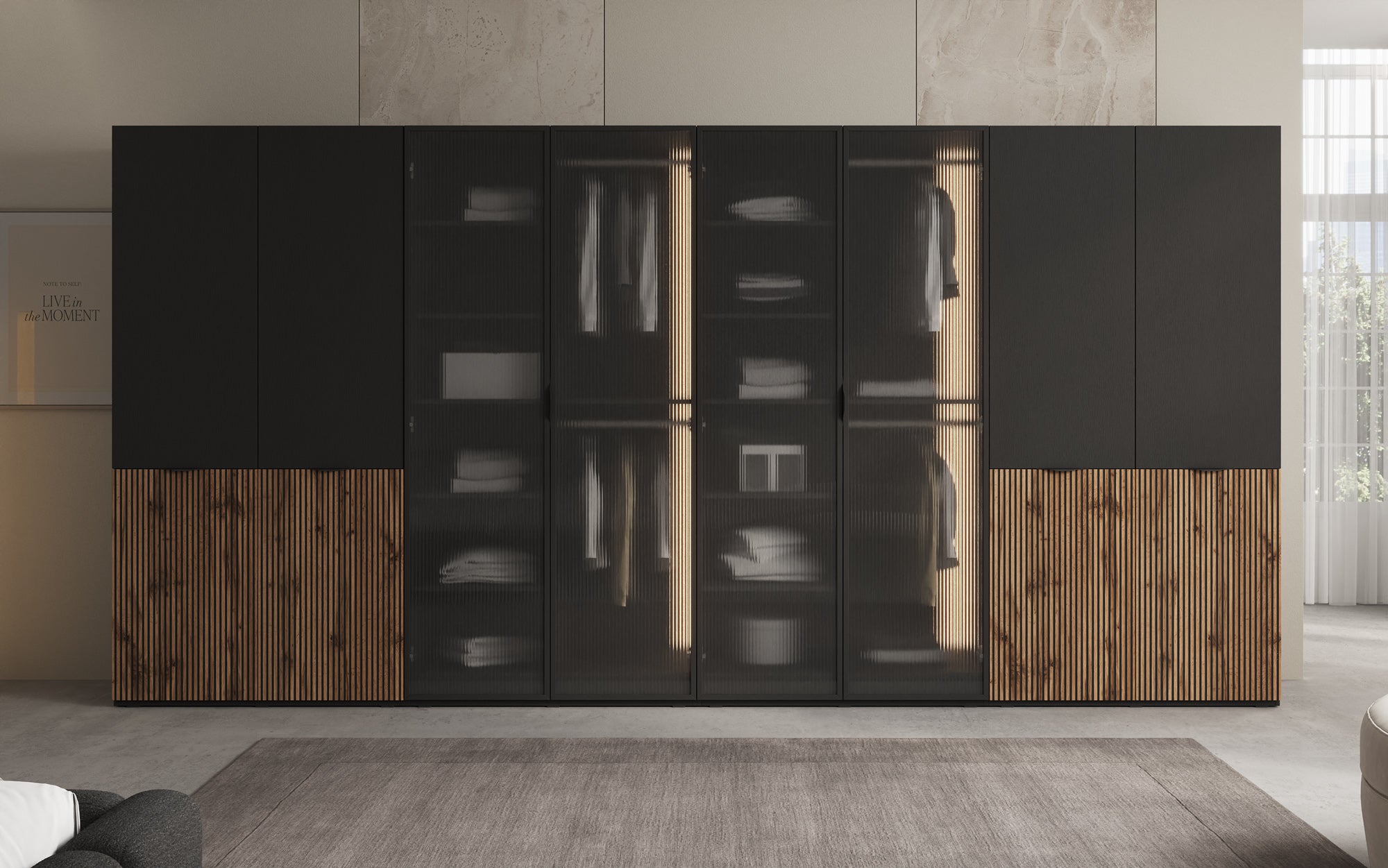 Modulo Kalen – Armoire design à quatre modules avec façades en bois et verre structuré