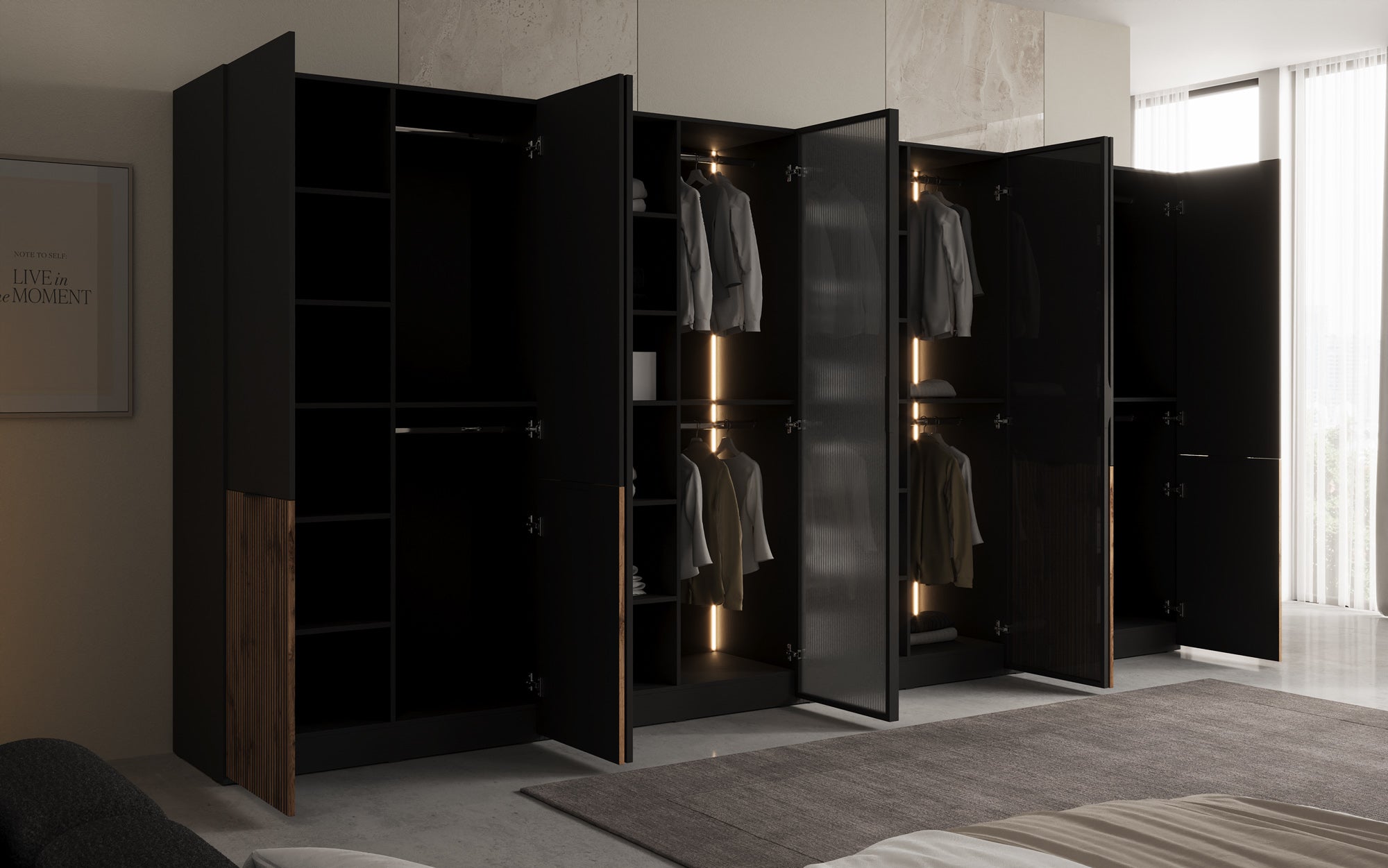 Modulo Kalen – Armoire design à quatre modules avec façades en bois et verre structuré