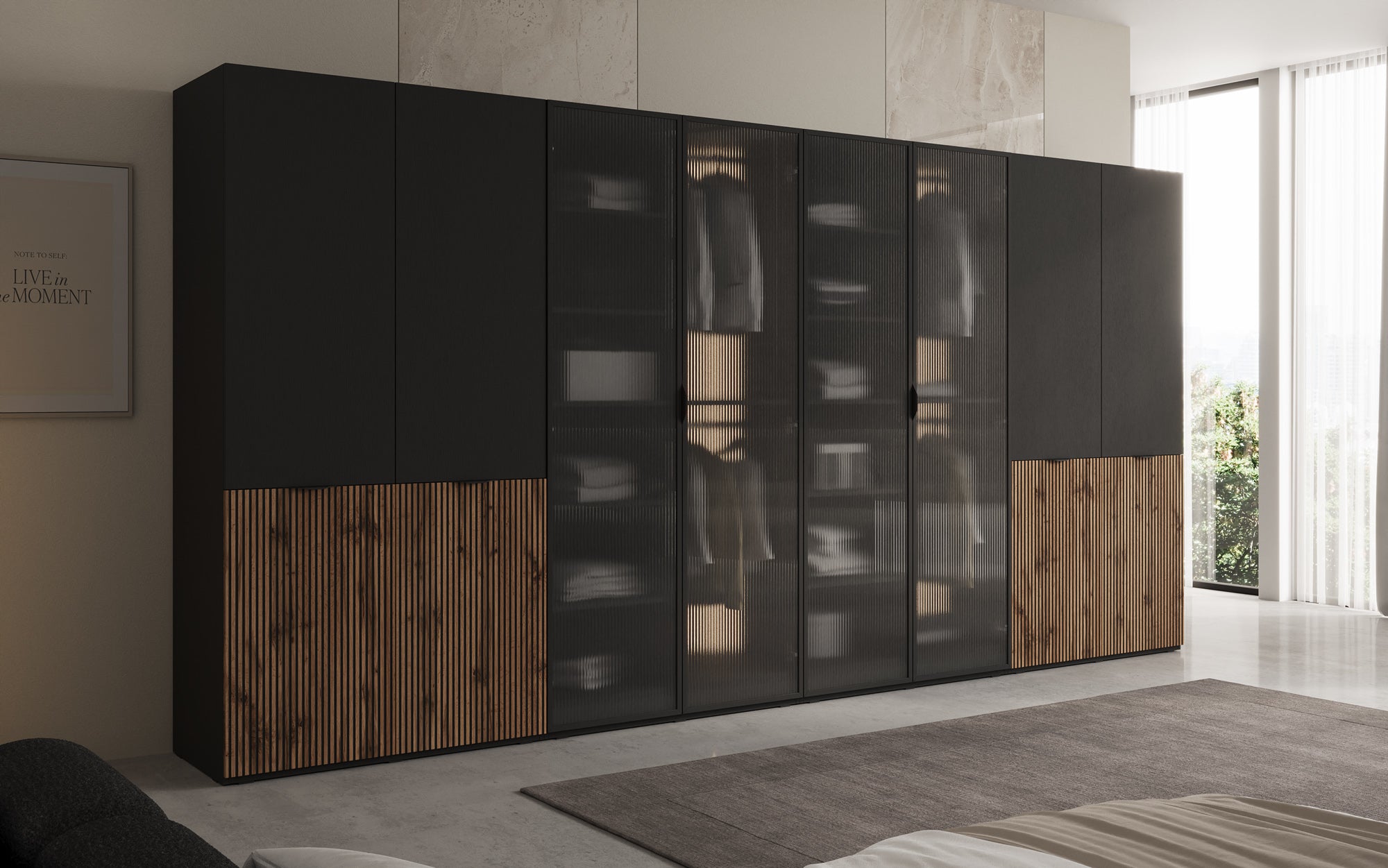 Modulo Kalen – Armoire design à quatre modules avec façades en bois et verre structuré