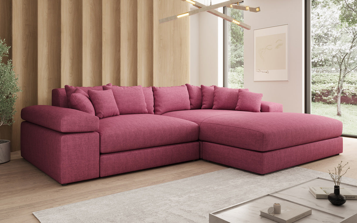 Designer Ecksofa Bernardo mit breiter Ottomane in Leinen-Optik