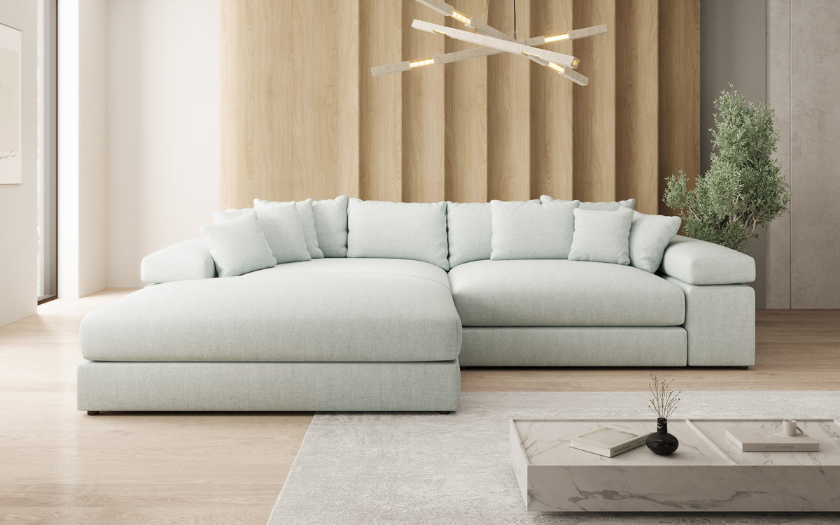 Designer Ecksofa Bernardo mit breiter Ottomane in Leinen-Optik