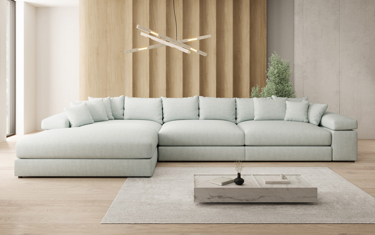Designer Ecksofa Bernardo Maxi mit breiter Ottomane in Leinen-Optik