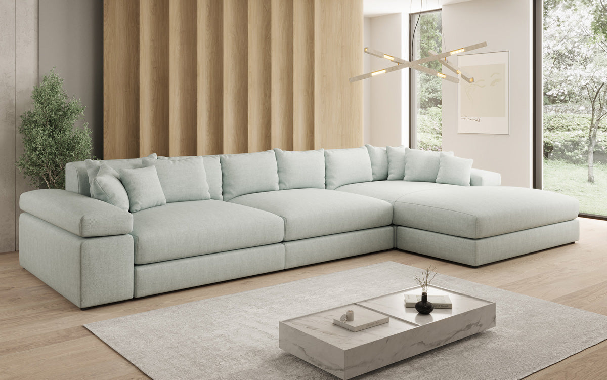 Designer Ecksofa Bernardo Maxi mit breiter Ottomane in Leinen-Optik