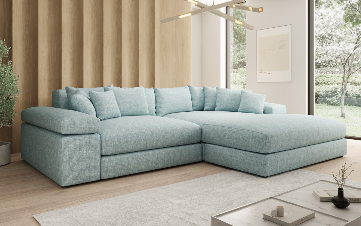 Designer Ecksofa Bernardo mit breiter Ottomane in Leinen-Optik