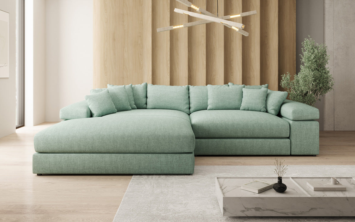 Designer Ecksofa Bernardo mit breiter Ottomane in Leinen-Optik