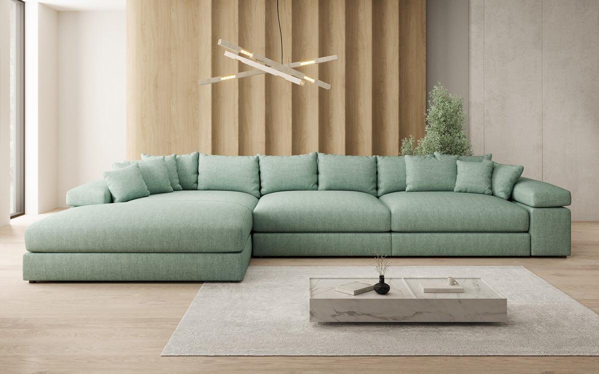 Designer Ecksofa Bernardo Maxi mit breiter Ottomane in Leinen-Optik