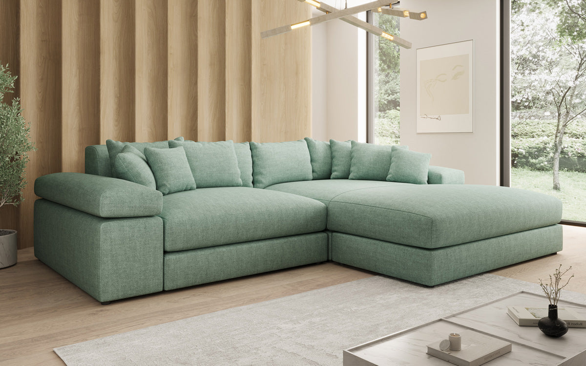 Designer Ecksofa Bernardo mit breiter Ottomane in Leinen-Optik